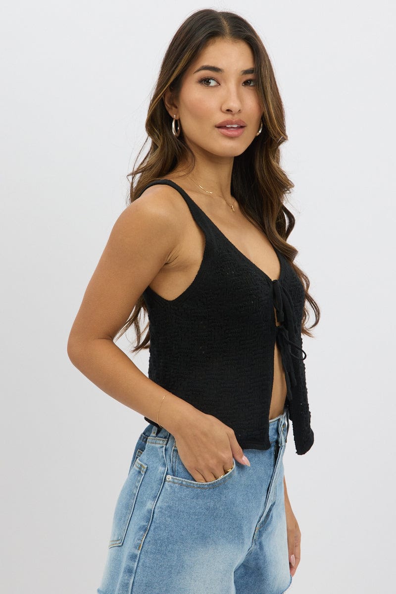Black Crochet Knit Vest Tie Up for Women - Stylish Summer Boho Lace-Up Cami Top - Perfect for Beach, Music Festivals & Casual Outings