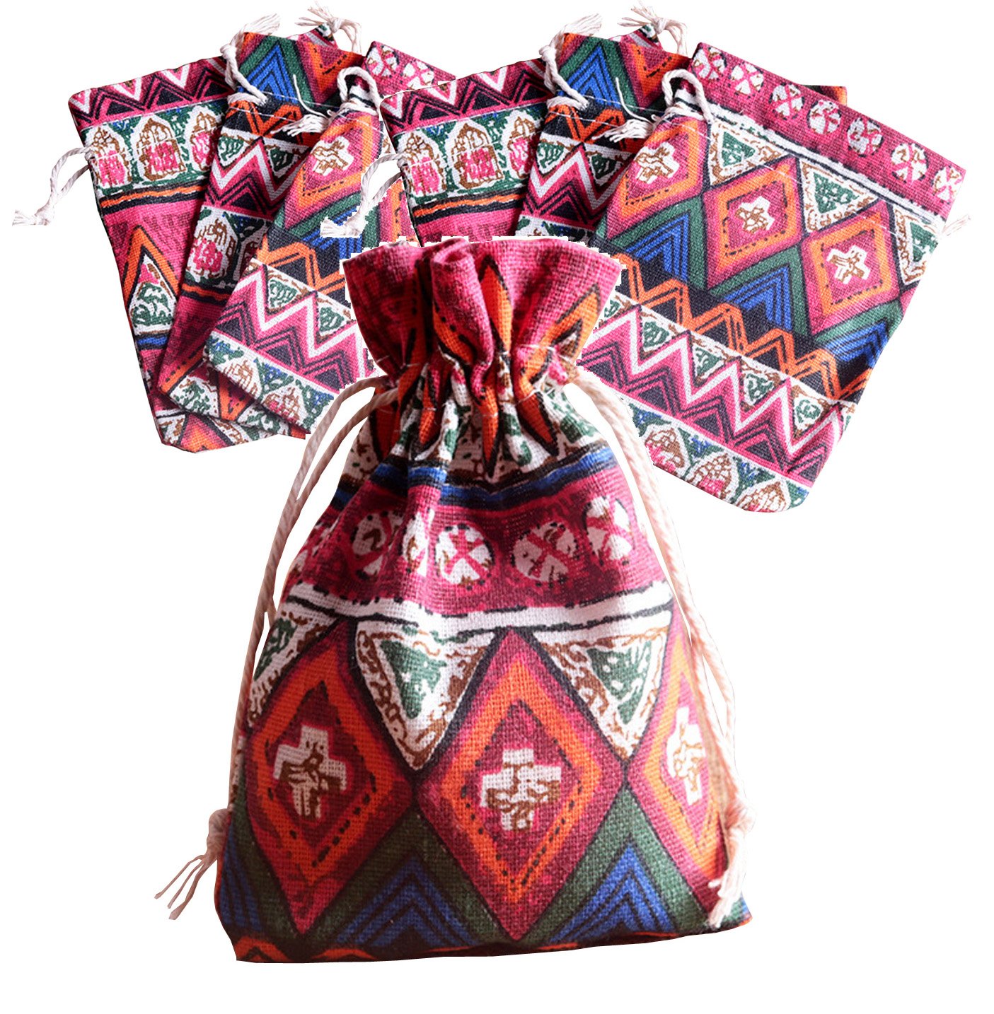 Sheliky 20-Pack Cotton Linen Drawstring Bags - 3.9x5.3 Inch Bohemian Print Pouch for Jewelry, Coins, Wedding Favors & DIY Crafts (Red) - Perfect for Party Gifts, Travel Organizers & Small Item Storage