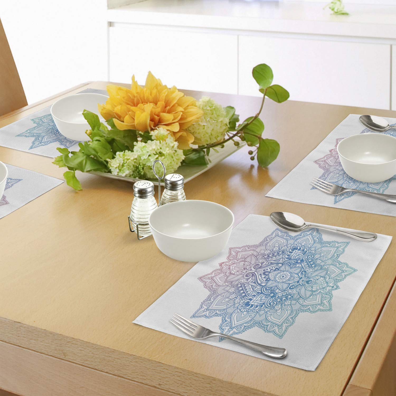 Ambesonne Lotus Place Mats Set of 4 - Bohemian Tattoo Style Mandala Floral Design, Washable Fabric Placemats for Dining Table & Kitchen Decor in Lilac & Pale Blue | Perfect for Boho Home Decor, Dinner Parties & Everyday Use