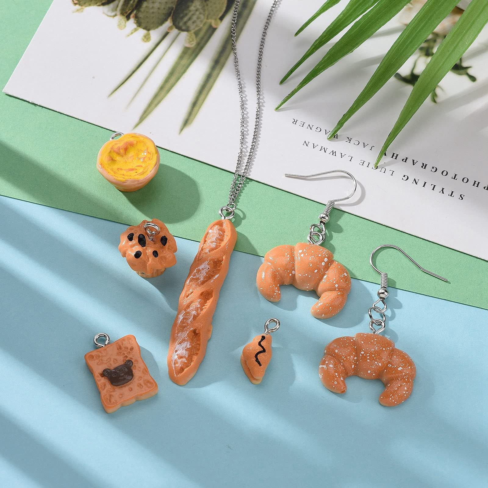 FASHEWELRY 22Pcs Resin Food Charms - 3D Croissant Bread Toast Pendants for DIY Jewelry, Earrings & Keychains - Perfect for Crafting, Gift Making and Kawaii Accessories