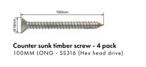 316 Stainless Steel M10 Hex Head Countersunk Timber Screws - 100mm (4 Pack) - Ideal for Outdoor Furniture, Decking & Woodworking Projects