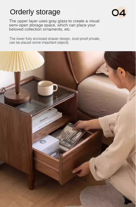 Premium Black Walnut Solid Wood Nightstand with Tempered Glass Top - Modern Bedside Table for Bedroom, Living Room, or Office Use
