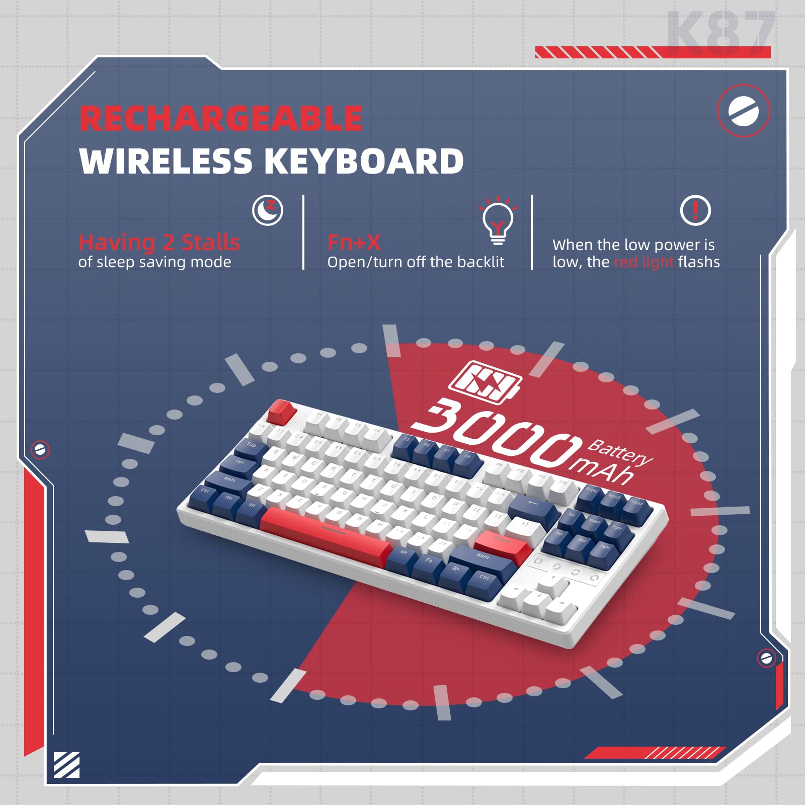 MAMBASNAKE K87 TKL Hot Swappable Wireless Mechanical Gaming Keyboard - Custom Coiled USB-C Cable, Triple Mode (2.4Ghz/Bluetooth 5.0/Wired), Red Switches, 20 RGB Backlit, 3000mAh Battery - Perfect for PC Gaming, Office Work & Typing Enthusiasts