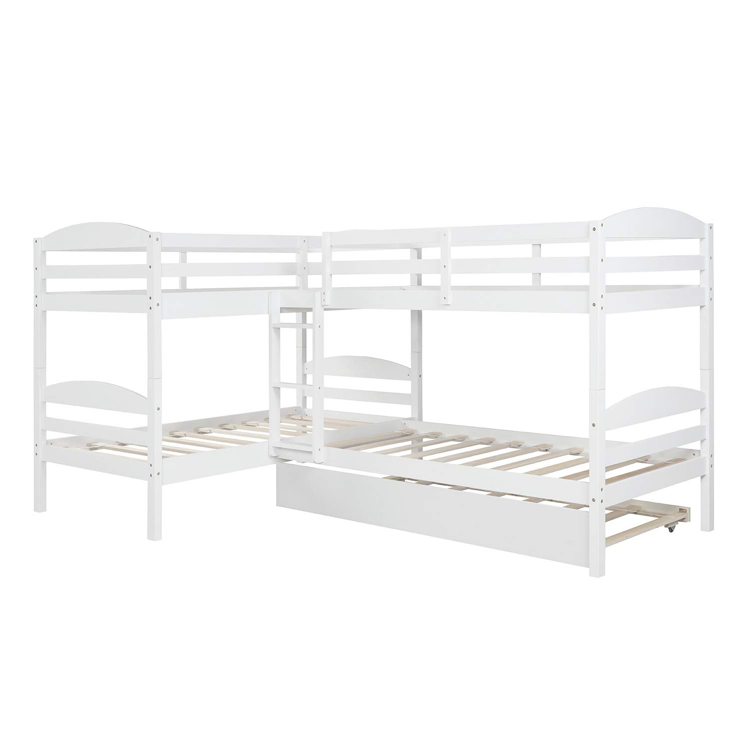 Twin Over Twin L-Shaped Wooden Bunk Bed for Kids & Teens with Trundle - Convertible to 2 Corner Platform Beds - No Box Spring Needed - White (Perfect for Shared Kids' Rooms, Sleepovers & Small Spaces)