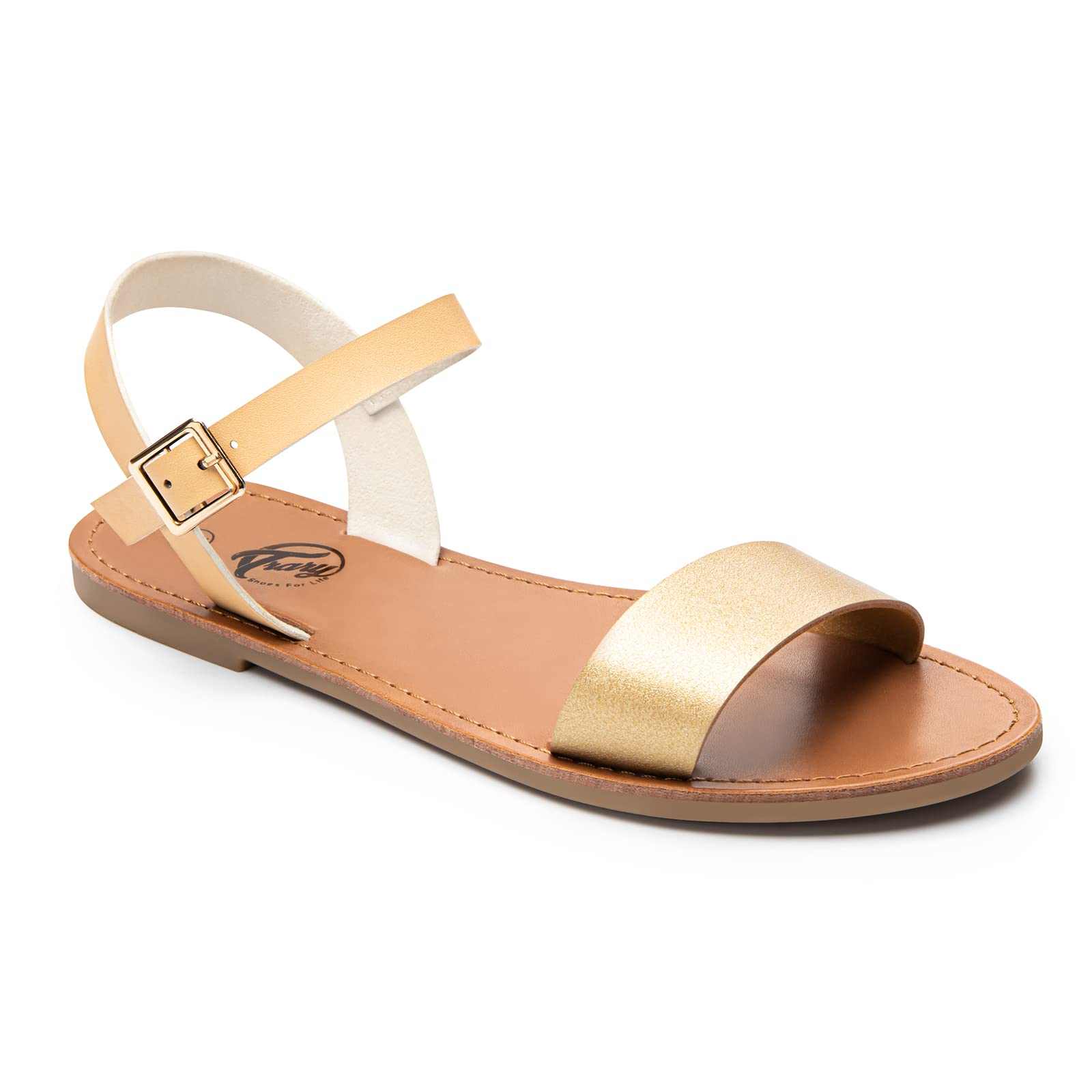 Stylish Women's Leather Gladiator Sandals with Adjustable Metal Buckle - Comfortable Two-Tone Flat Sandals for Summer, Weddings & Dressy Occasions | Open Toe Ankle Strap Sandals for Casual Outings and Beach Vacations