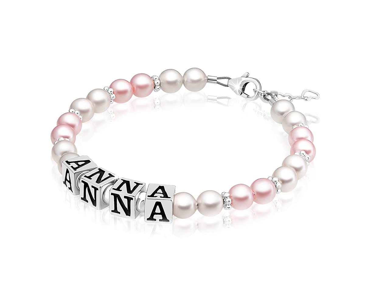 Personalized Sterling Silver Initial Alphabet Beads Name Bracelet for Girls - White & Pink Pearl Birthday Gift, Baptism Present, Jewelry for Special Occasions | Perfect for Birthdays, Christenings, and Everyday Wear