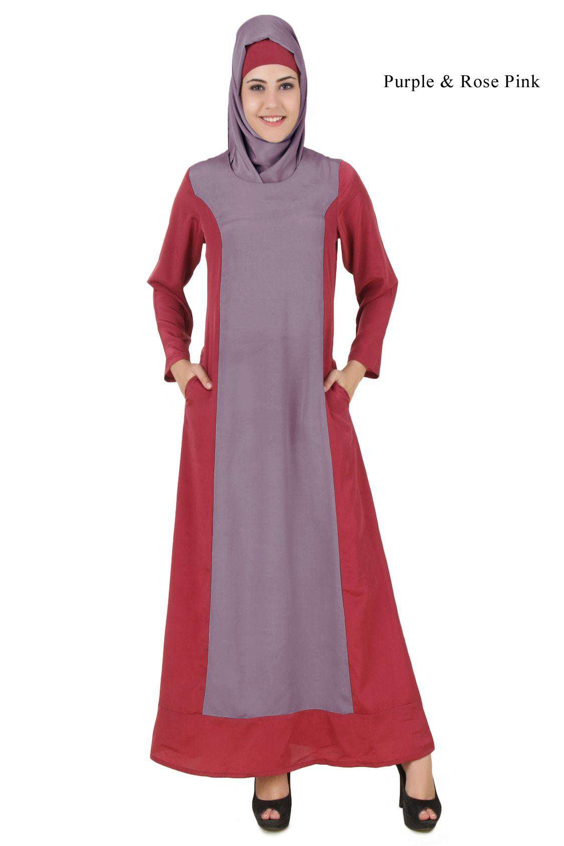 Arshi Slim Fit Rose Pink & Warm Grey Abaya - Elegant Muslim Dress for Women | Perfect for Prayer, Mosque & Special Occasions
