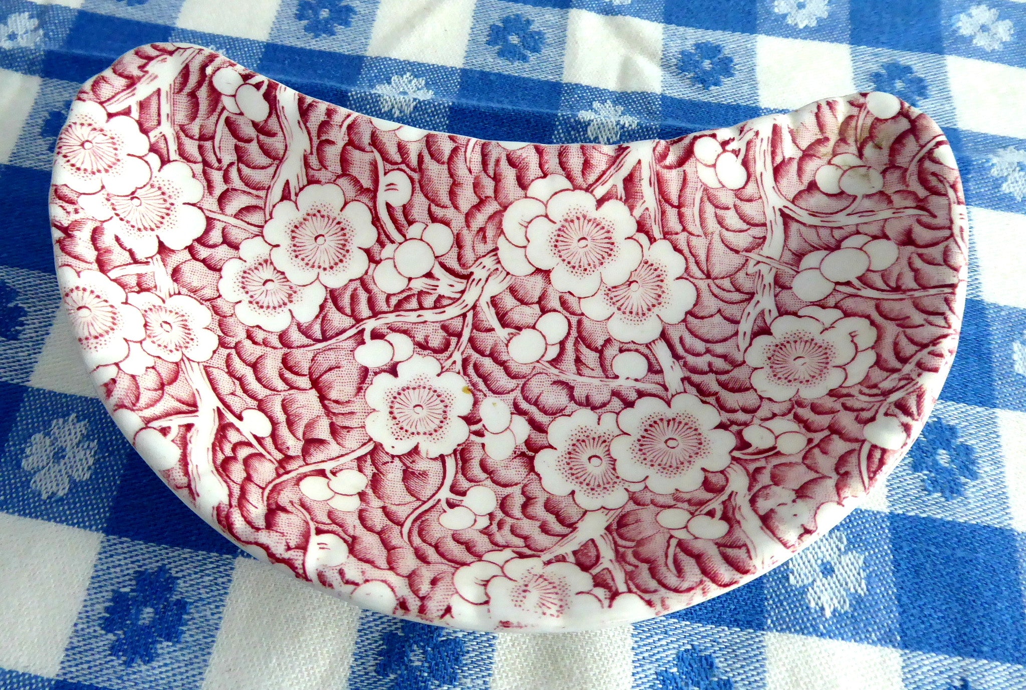 Vintage 1940s Adams Red Transfer Staffordshire Crescent Bone Dish - Floral Side Plate for Tea Parties, Antique Collectibles & Home Decor