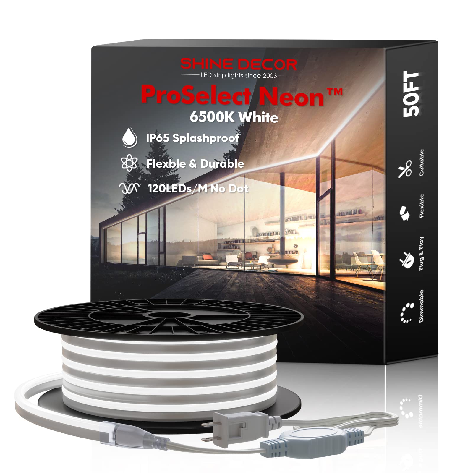 Shine Decor LED Neon Rope Lights AC 120V - ETL Certified 120LEDs/M Flexible Dotless Strip Lighting - Custom Cuttable IP65 Waterproof Indoor Outdoor Use - 6500K Cool White 50FT - Perfect for Bedroom Decor, Wedding Lighting, Bar Signs & Outdoor Patio Illumination