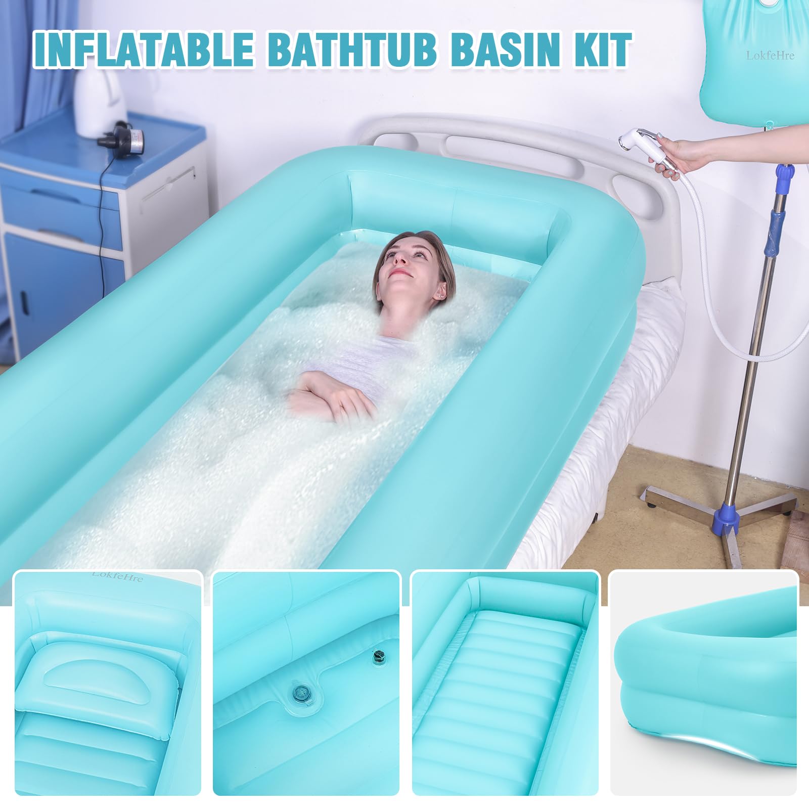 Inflatable Bathtub for Elderly - Portable Shower Bath Basin with Electric Air Pump, PVC Medical Bathtub for Bed Bathing, Full Body Wash - Ideal for Home Care, Post-Surgery Recovery & Mobility Assistance (Blue)