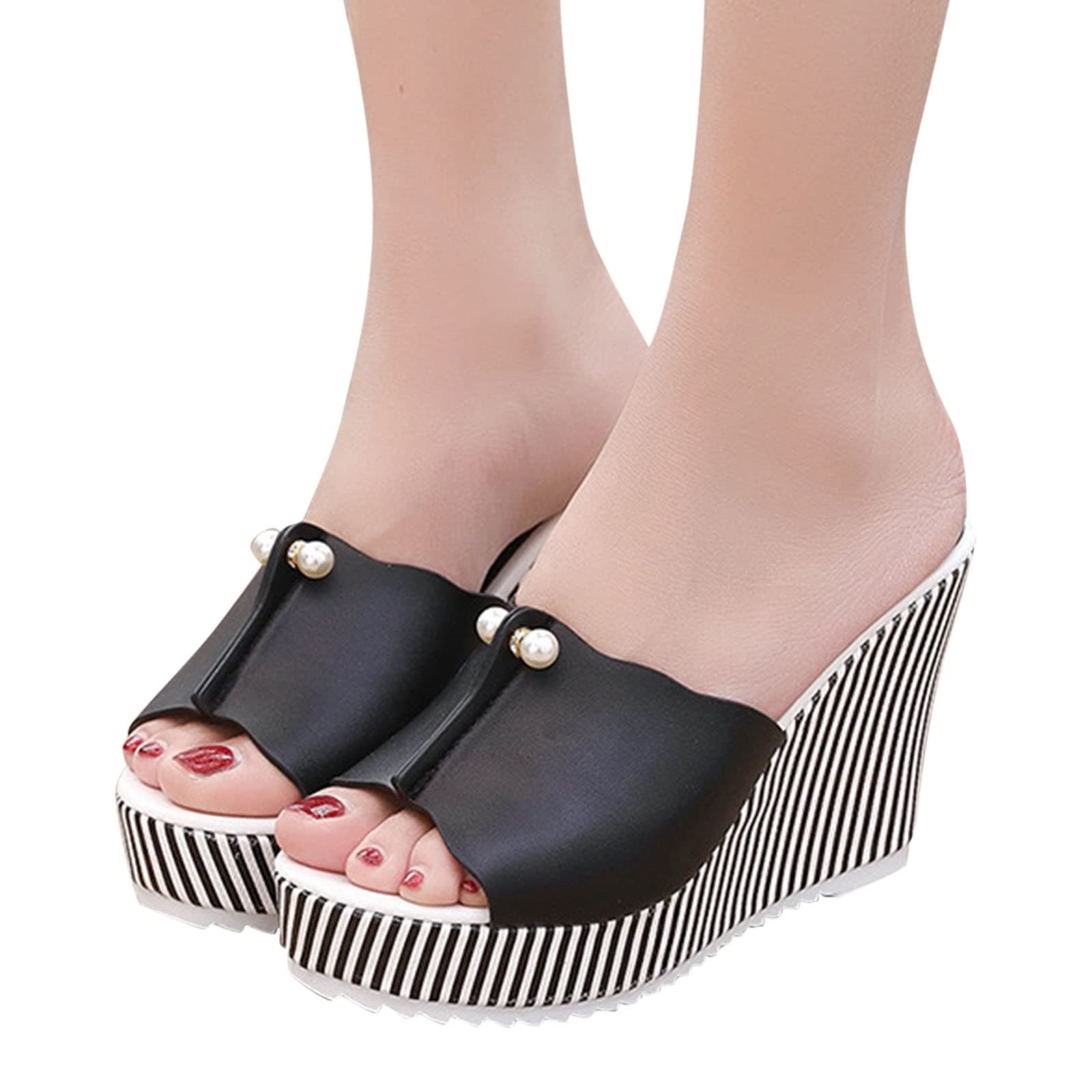 Women's Fashion Spring Summer Sandals - Platform Wedge High Heel Striped Pearl Rope Sandals | Casual Outing, Beach Vacation, Party Wear