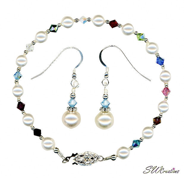 Birthstone Crystal Pearl Jewelry Set - Personalized Small Gemstone Necklace & Earrings for Women | Perfect Gift for Birthday, Anniversary & Special Occasions