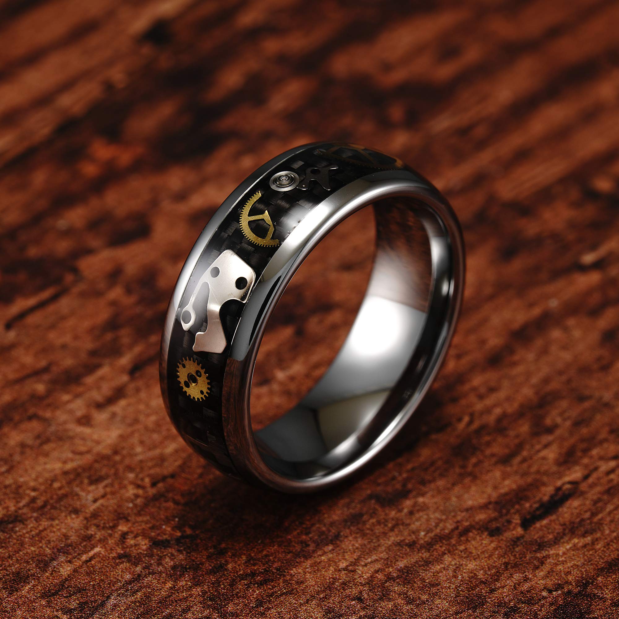 100S Steampunk Gear Tungsten Rings for Men - Wedding Band, Promise & Engagement Rings (Size 6-16) - Durable & Stylish Jewelry for Grooms, Couples & Alternative Fashion Lovers