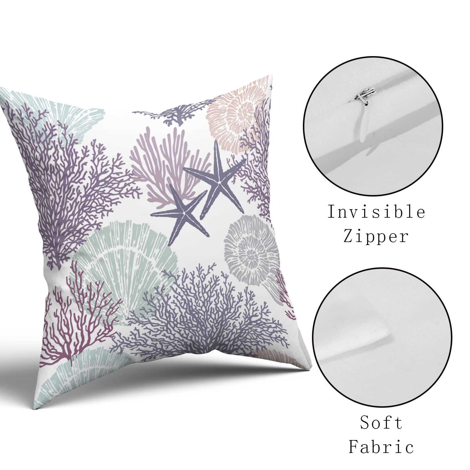 Ocean Coral Pillow Covers 20x20 Inch - Set of 2 Soft Cotton Nautical Coastal Throw Pillows with Seashell & Starfish Design - Square Cushion Covers for Sofa, Couch, Bedroom & Patio - Perfect for Beach House Decor & Coastal Themed Living Spaces (Purple)