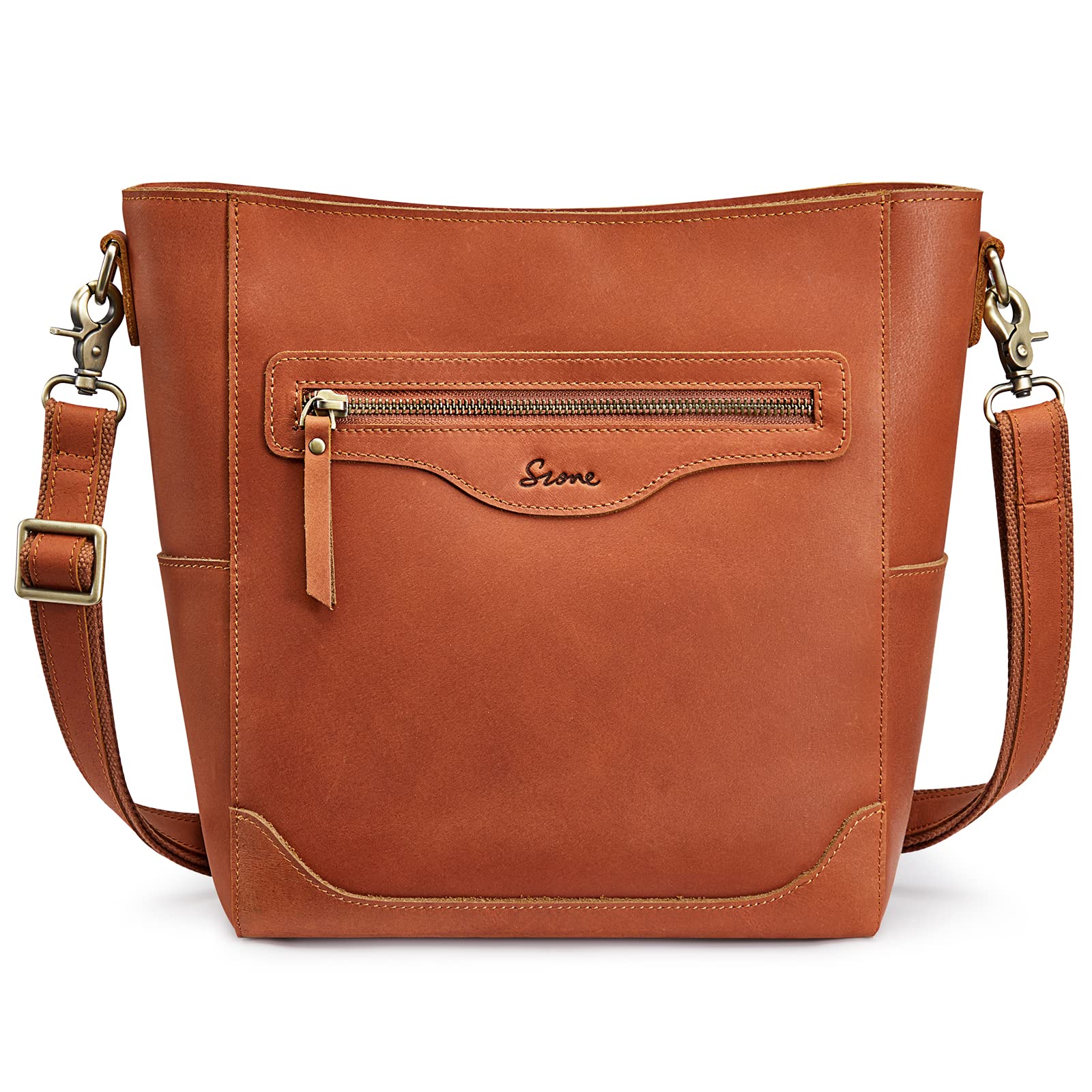 S-ZONE Genuine Leather Women's Vintage Bucket Shoulder Bag Crossbody Purse with Outer Pocket - Perfect for Work, Travel & Everyday Use