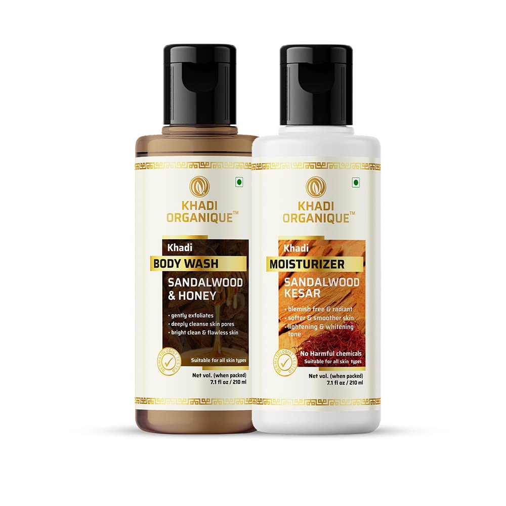 Khadi Organique Sandalwood & Honey Body Wash with Kesar Moisturizer - 2 Pack for Dry Skin Care & Hydration | Perfect for Daily Shower & Spa Day at Home