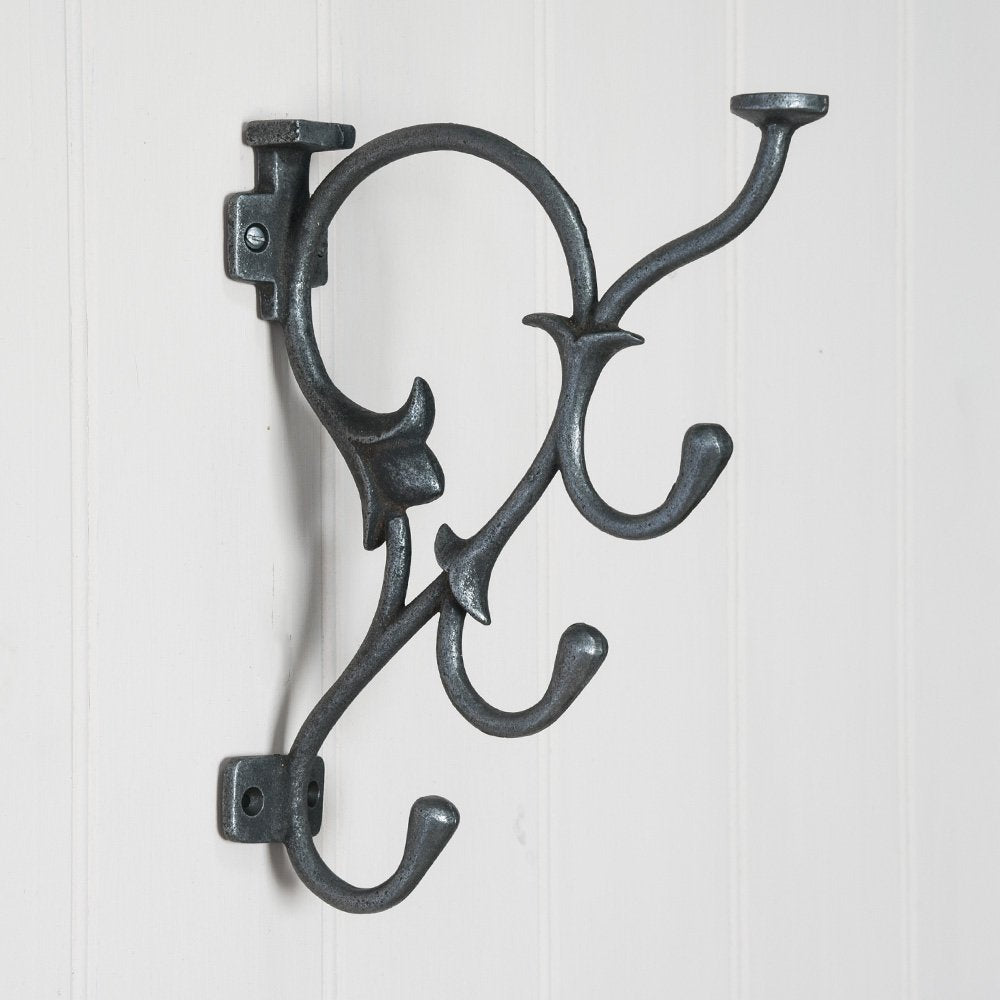 Vintage Art Nouveau Style Quadruple Coat & Hat Hooks - Heavy Duty Cast Iron Wall Mount for Entryway, Mudroom, or Bedroom Organization