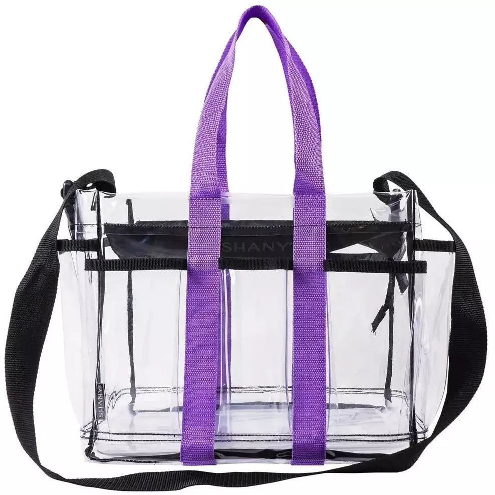 SHANY Clear Travel Caddy with Multiple Pockets & Purple Handle - Perfect for Airplane, Car, and Home Organization | TSA Compliant Carry-On Accessory