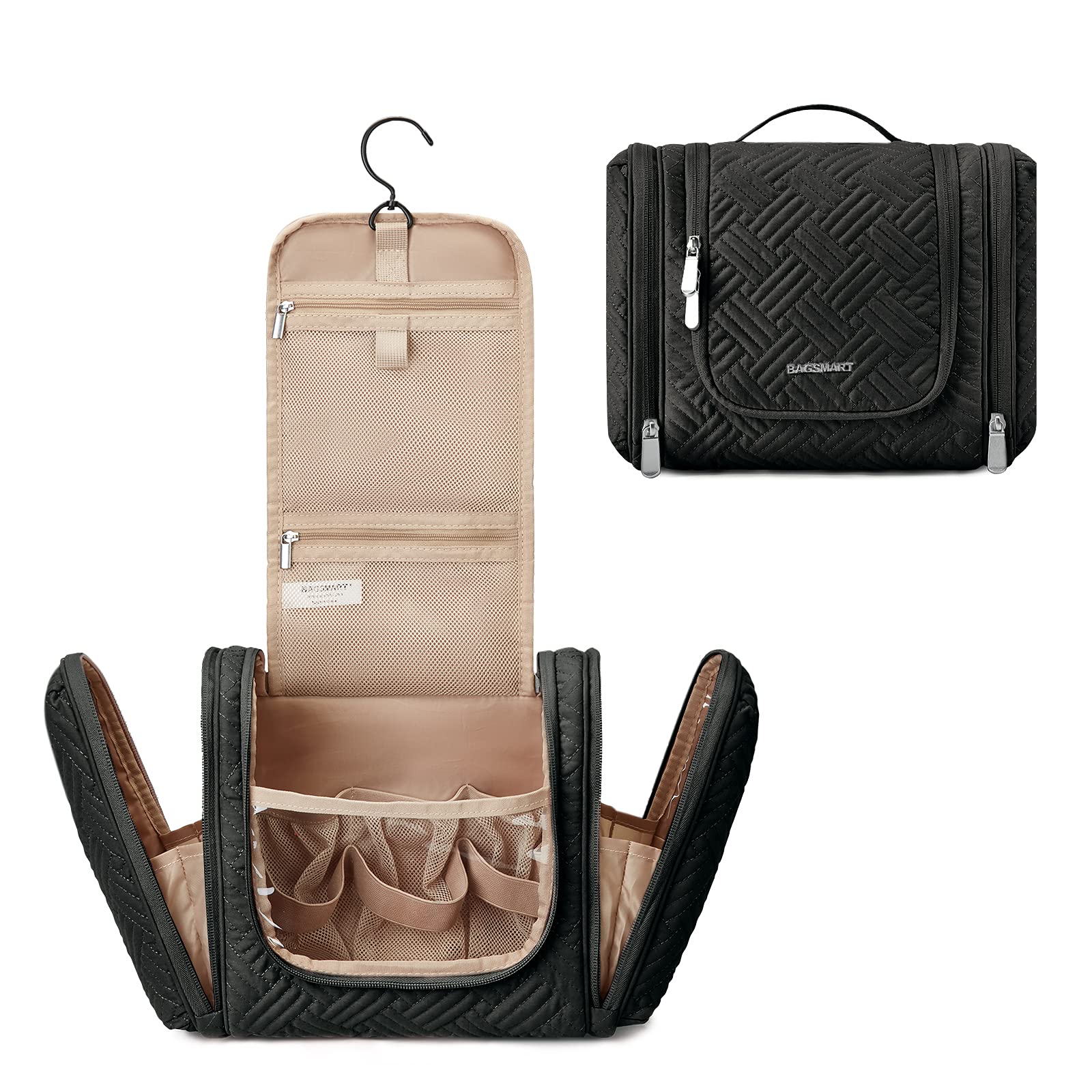 BAGSMART Large Water-Resistant Hanging Toiletry Bag for Men - Travel Cosmetic & Shaving Organizer with Hook - Fits Full-Sized Containers, Shampoo, Toiletries (Black, Large) - Perfect for Business Trips, Gym & Vacation Packing