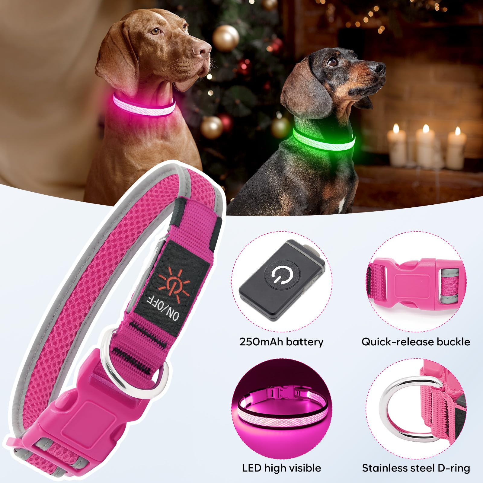 Flashseen LED Dog Collar - USB Rechargeable Light Up Safety Collar with Adjustable Soft Mesh for Small Medium Large Dogs (Large, Candy Pink) - Perfect for Night Walks, Jogging & Outdoor Adventures