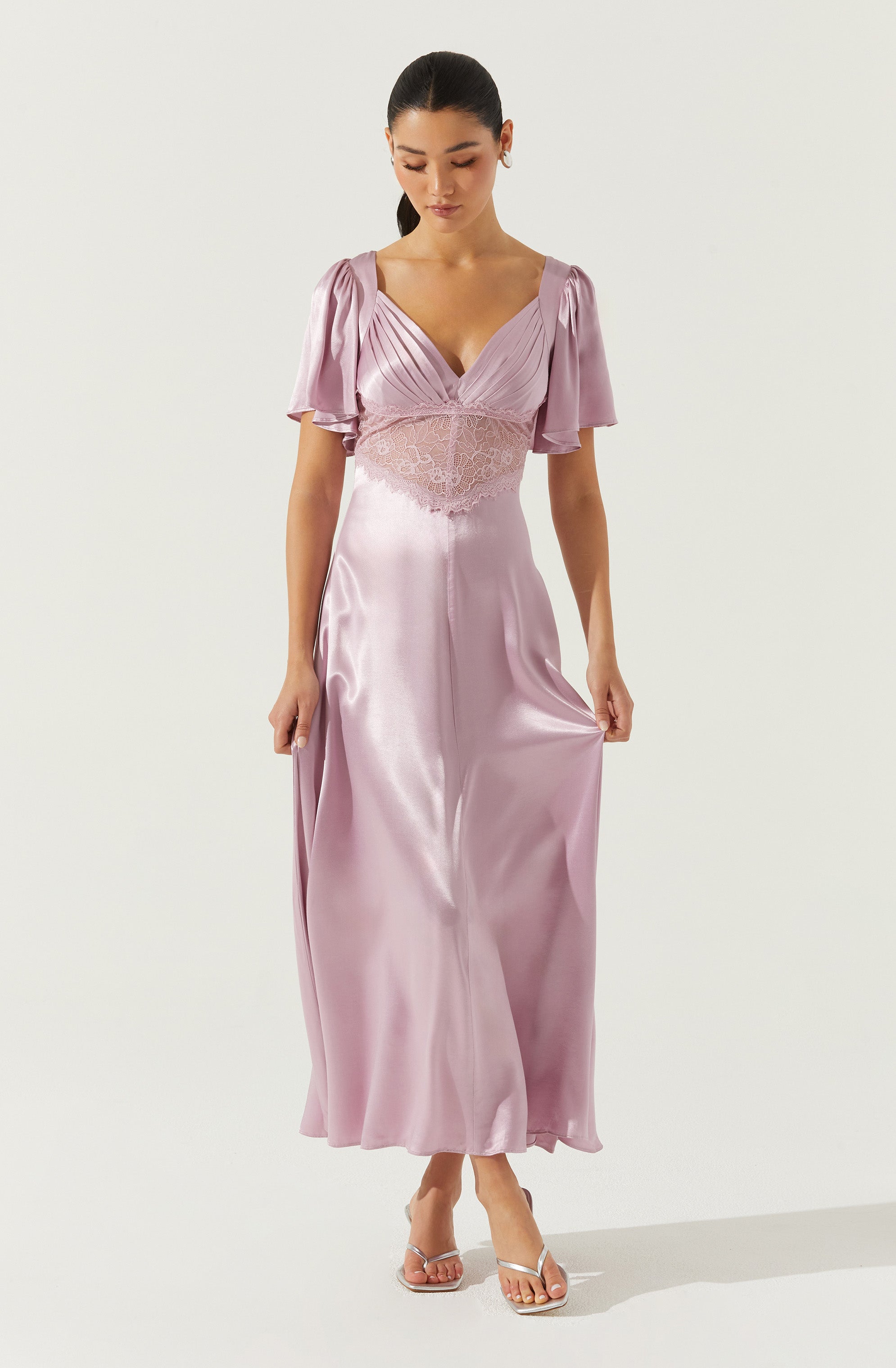 Elegant Aurelia Satin V-Neck Midi Dress for Women - Formal Evening Gown & Wedding Guest Dress - Perfect for Parties, Cocktail Events & Special Occasions