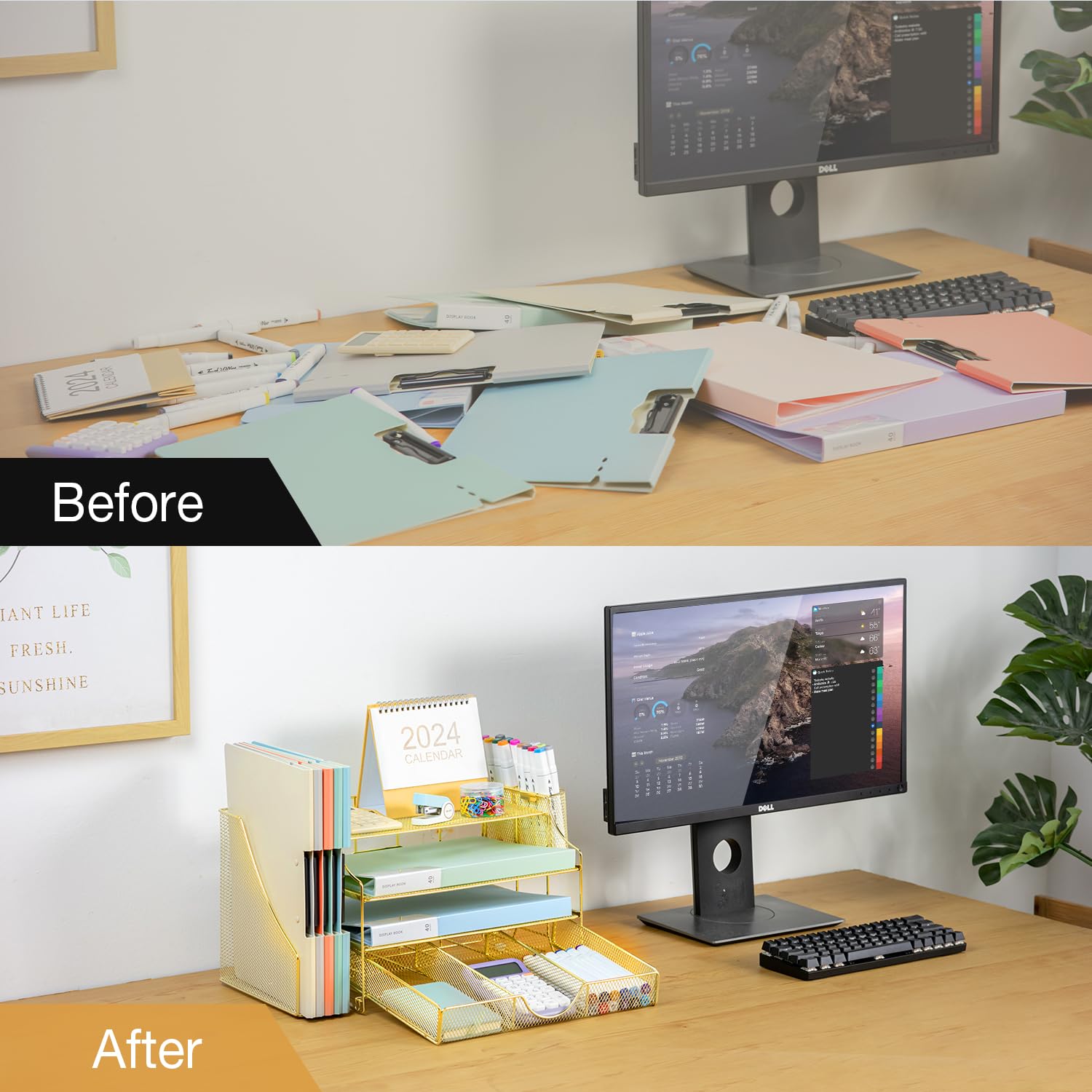4-Tier Mesh Desk Organizer with File Holder, Drawer & 2 Pen Cups - Gold Office Storage Solution for Paper, Documents & Supplies | Perfect for Home Office, Workstation & School Desk Organization