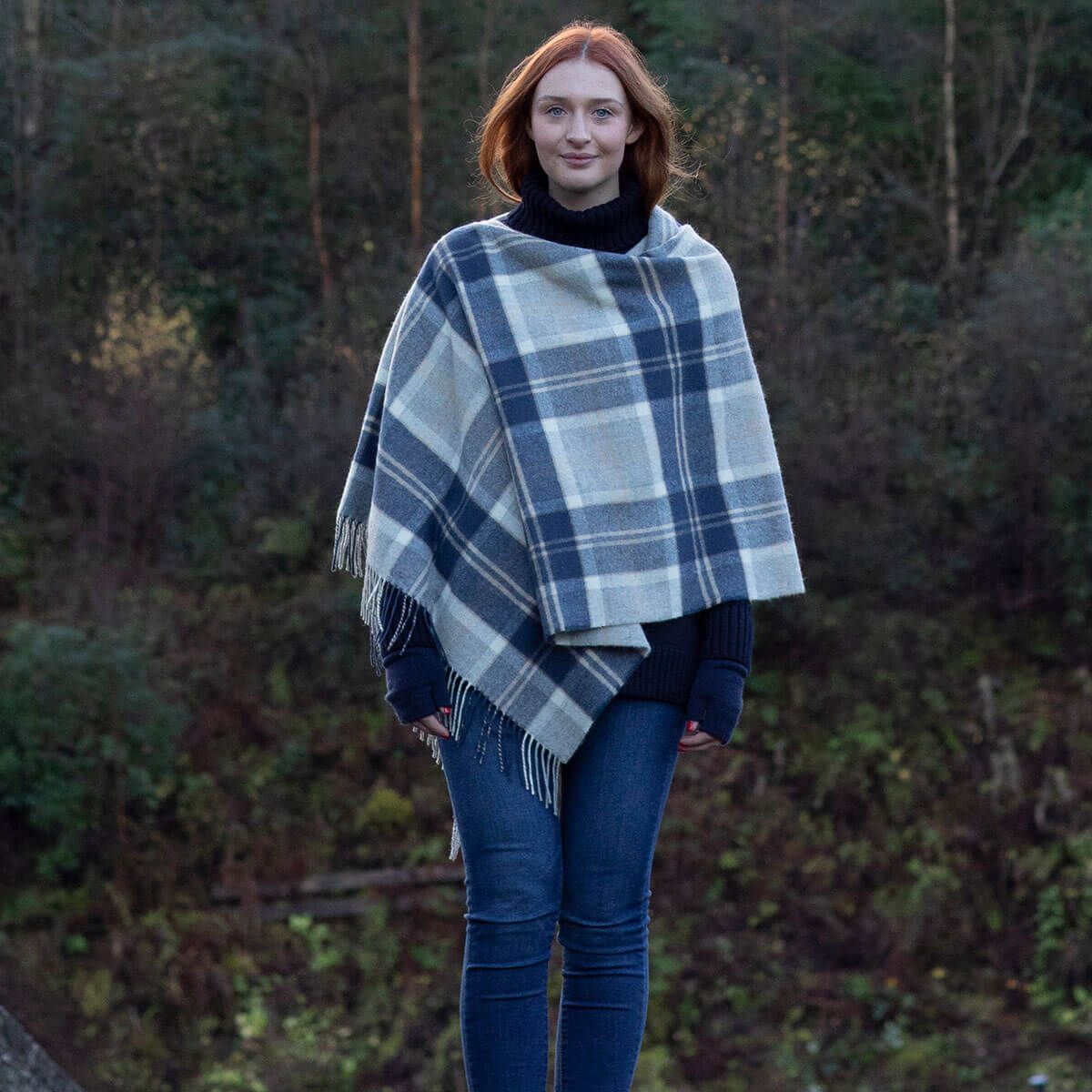 Georgia Bannockbane Grey Tartan Lambswool Poncho - Warm Wool Wrap Shawl for Women - Perfect for Fall, Winter & Outdoor Activities