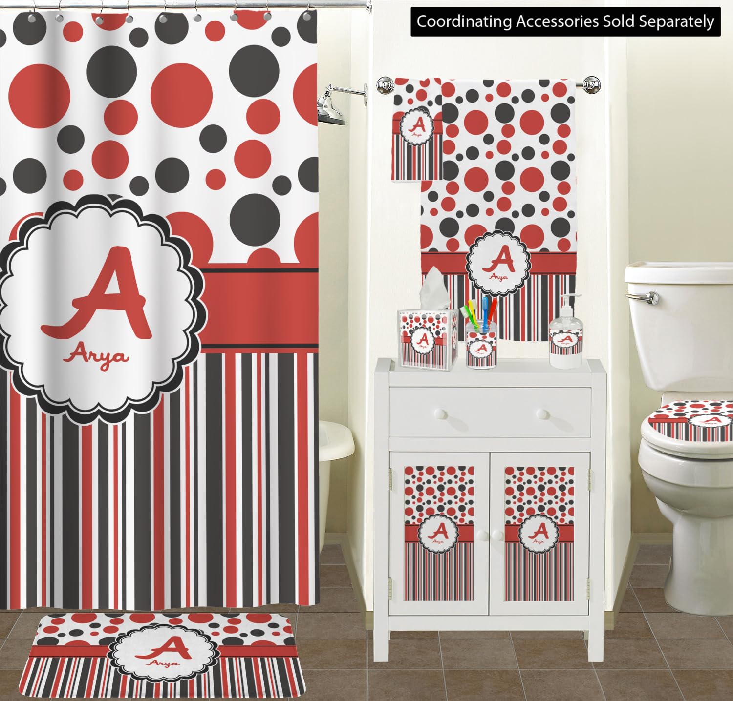 Personalized Red & Black Dots & Stripes Waste Basket - Double Sided Trash Can for Office, Home, Kitchen & Bathroom - Stylish & Durable Small Garbage Bin (Black)