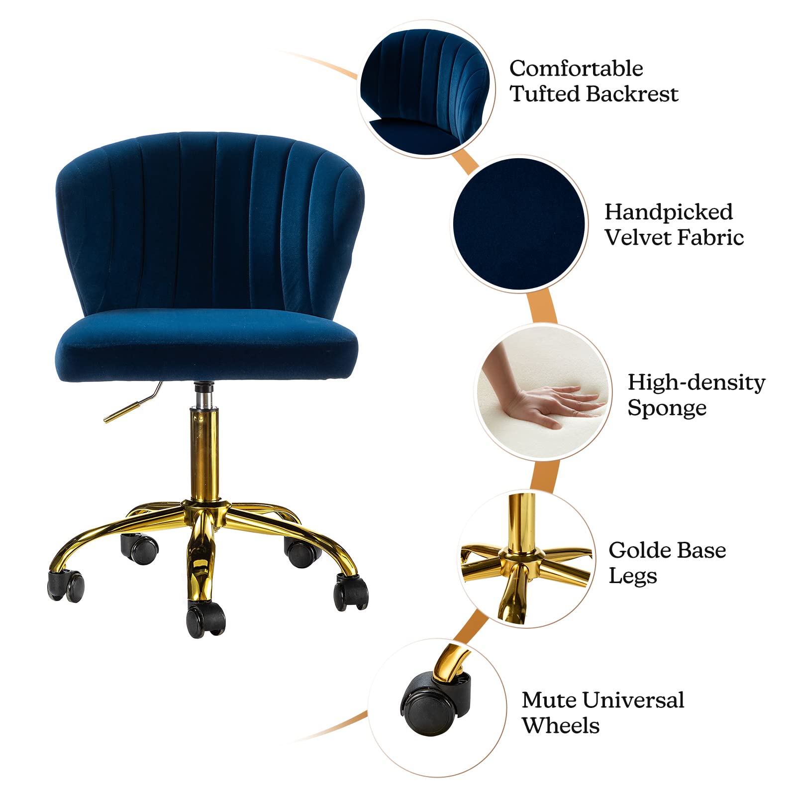 TINA'S HOME Modern Velvet Armless Office Chair with Wheels & Gold Base - Adjustable Low Back Swivel Rolling Task Chair for Home Office, Living Room, Vanity or Study - Navy Blue Upholstered Desk Chair for Comfortable Workspace