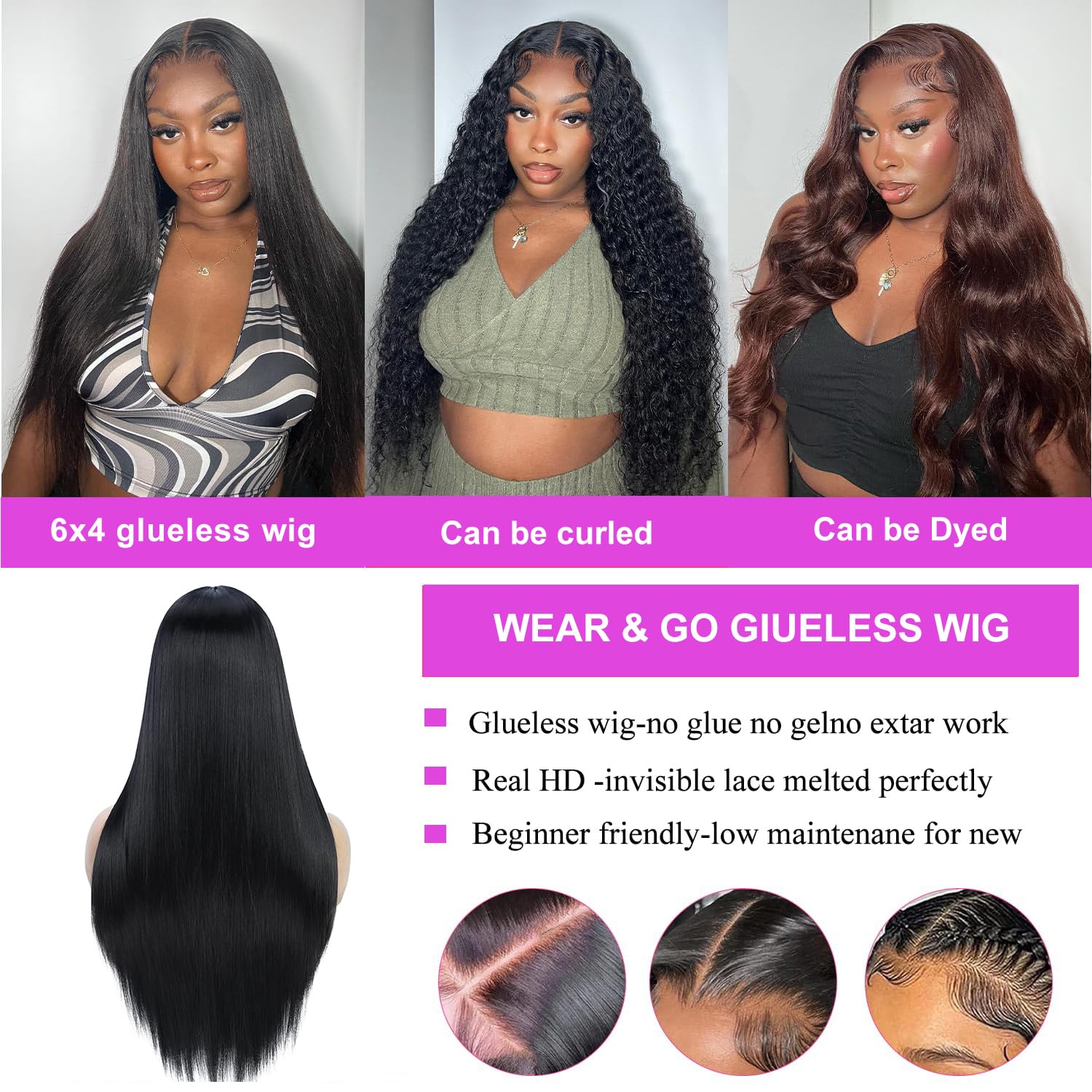 6x4 Straight Lace Closure Wigs Human Hair 180% Density - Glueless Wear and Go Wigs for Black Women | Pre Plucked & Pre Cut for Beginners | 30 Inch HD Lace Frontal Wig | Perfect for Daily Wear, Parties & Special Occasions