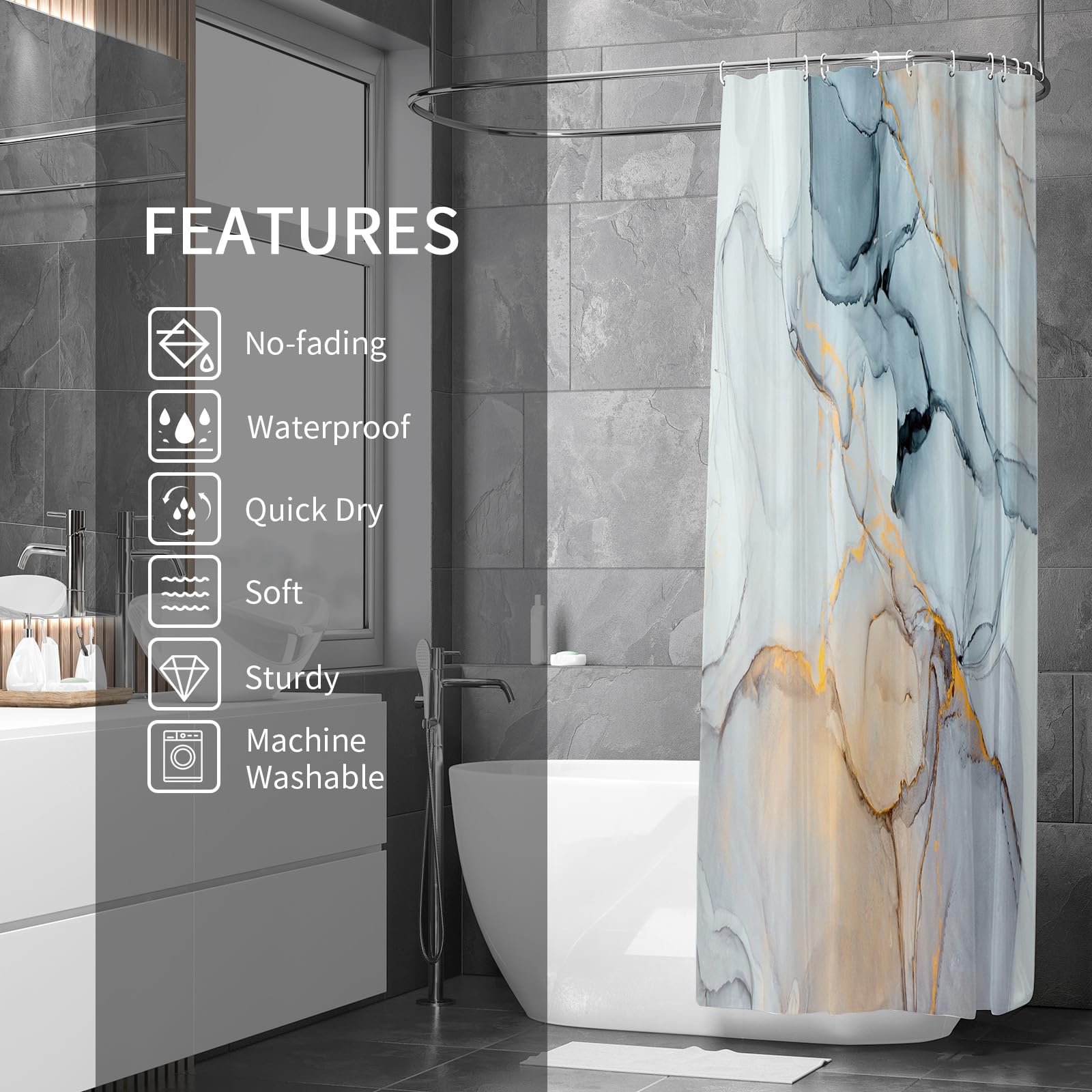 Gibelle Small Stall Shower Curtain 36 x 72 Inches - Narrow Half Abstract Grey Blue Marble Design, Modern Ink Art Waterproof Fabric Bathroom Curtain Set with Hooks - Perfect for Small Bathrooms, Apartments & RVs