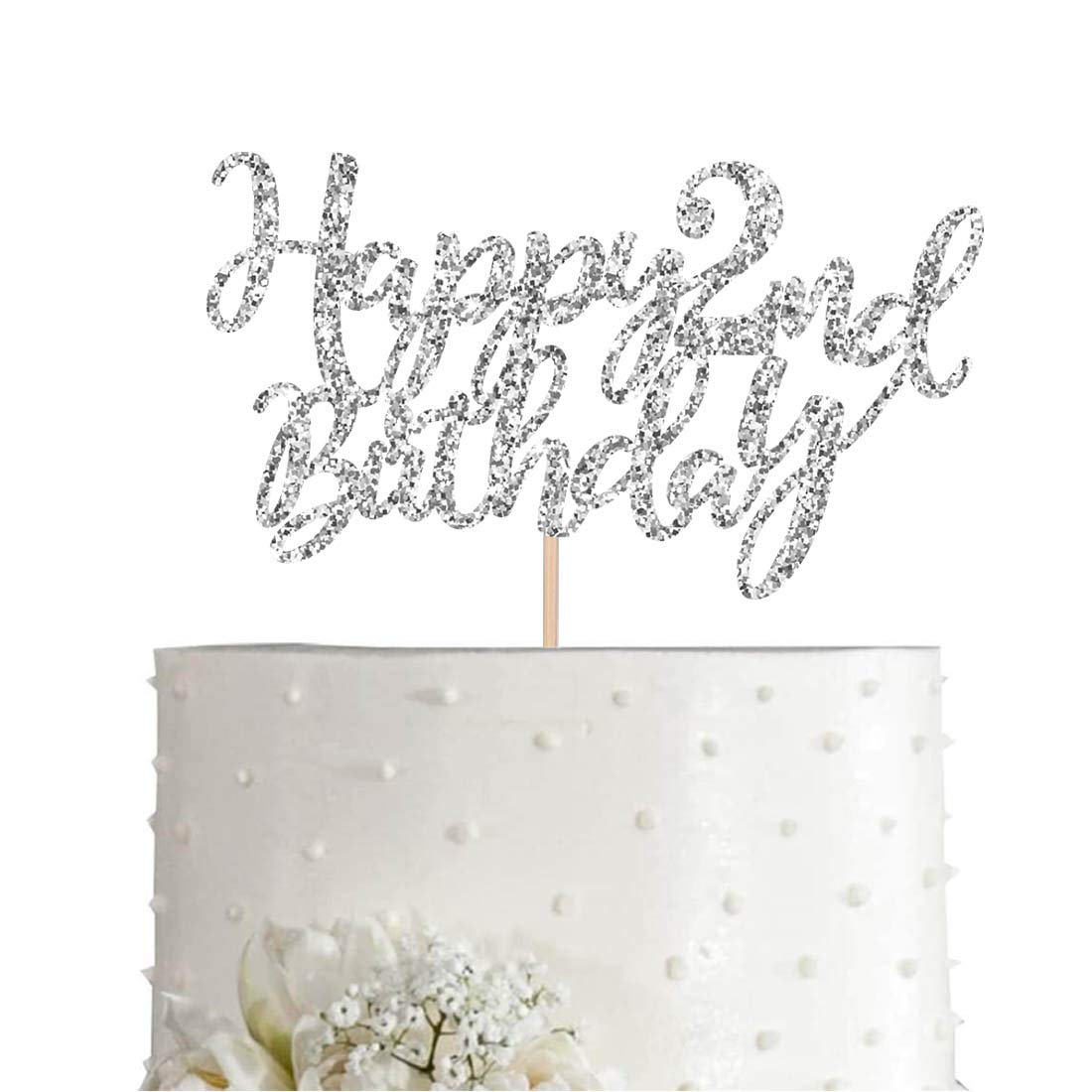 2 Silver Glitter Happy 2nd Birthday Cake Topper - Elegant Party Decorations & Cake Decor Supplies for 2nd Birthday Celebrations, Baby Showers & Special Occasions