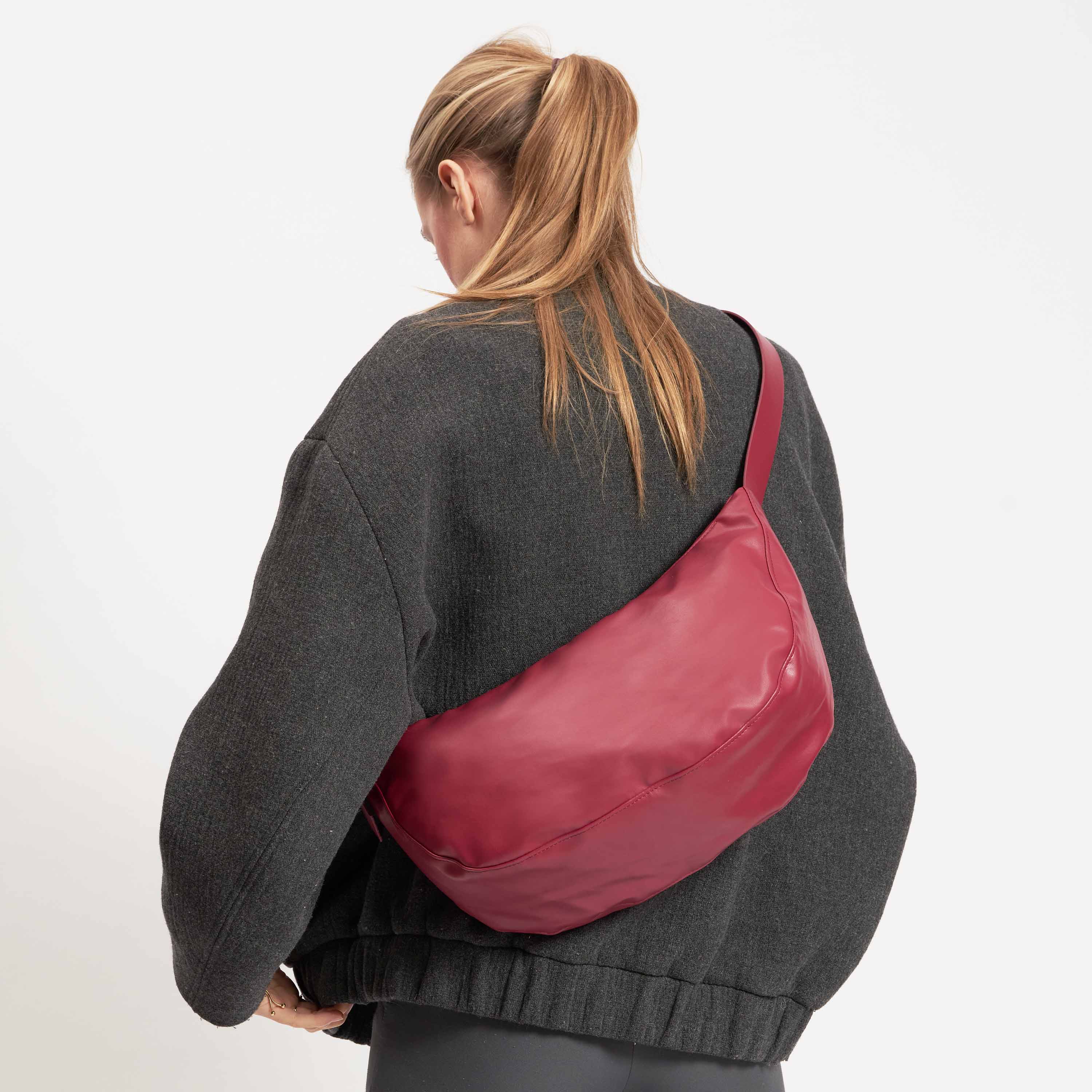 Vegan Olive Leather Half Moon Crossbody Bag | Cherry Red | Eco-Friendly & Cruelty-Free Handbag for Women | Perfect for Casual Outings & Evening Events