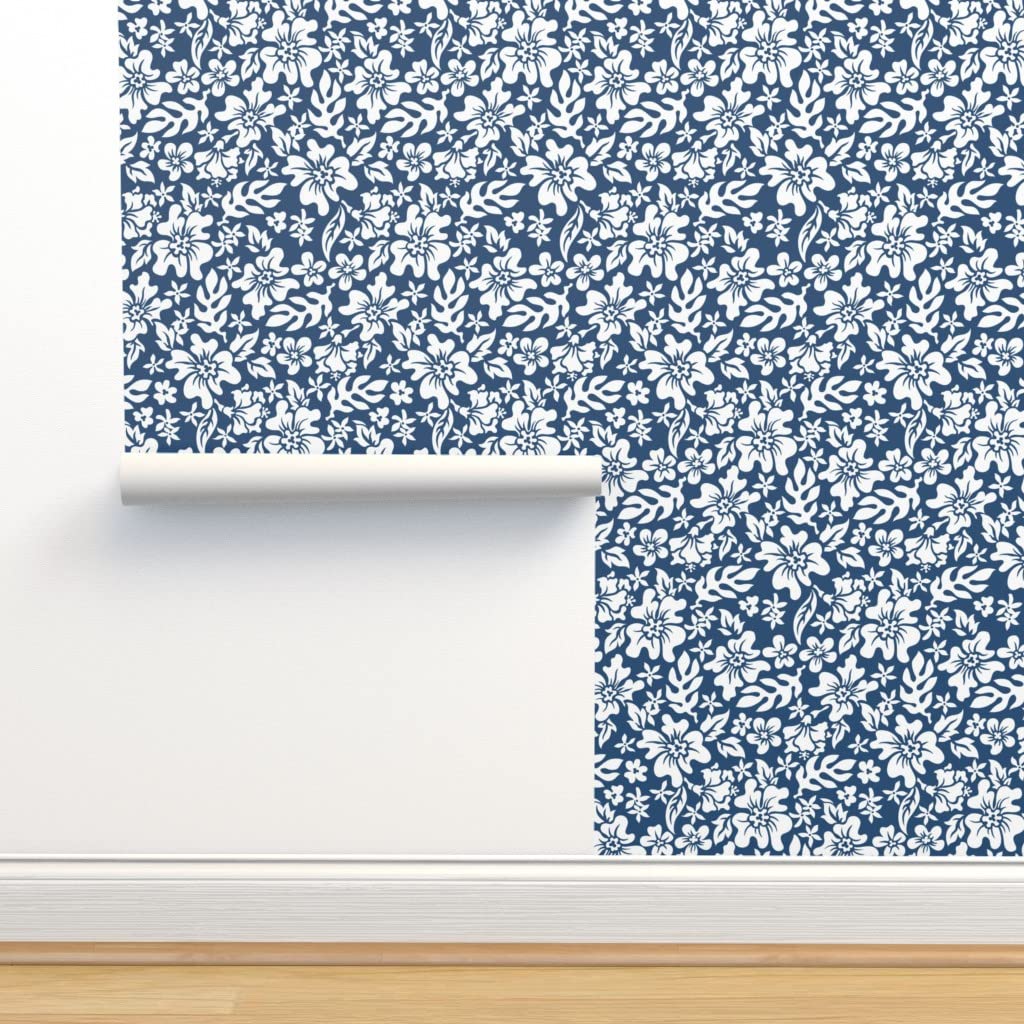 Blue Navy Tropical Hawaii Tiki Peel & Stick Wallpaper - 9ft x 2ft Removable Self-Adhesive Wallpaper for Bedroom, Living Room & Office Decor | Mid Century Mudcloth Design by Spoonflower