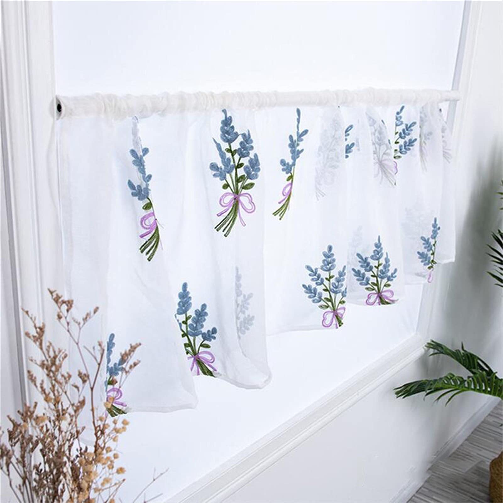 1PC Embroidered Purple Lavender Short Curtain Panels with Rod Pocket - Romantic Window Treatments for Kitchen & Cafe Decor - Perfect for Small Windows, French Doors, and Breakfast Nooks (Color: 01, Size: 2 Rod Pocket)