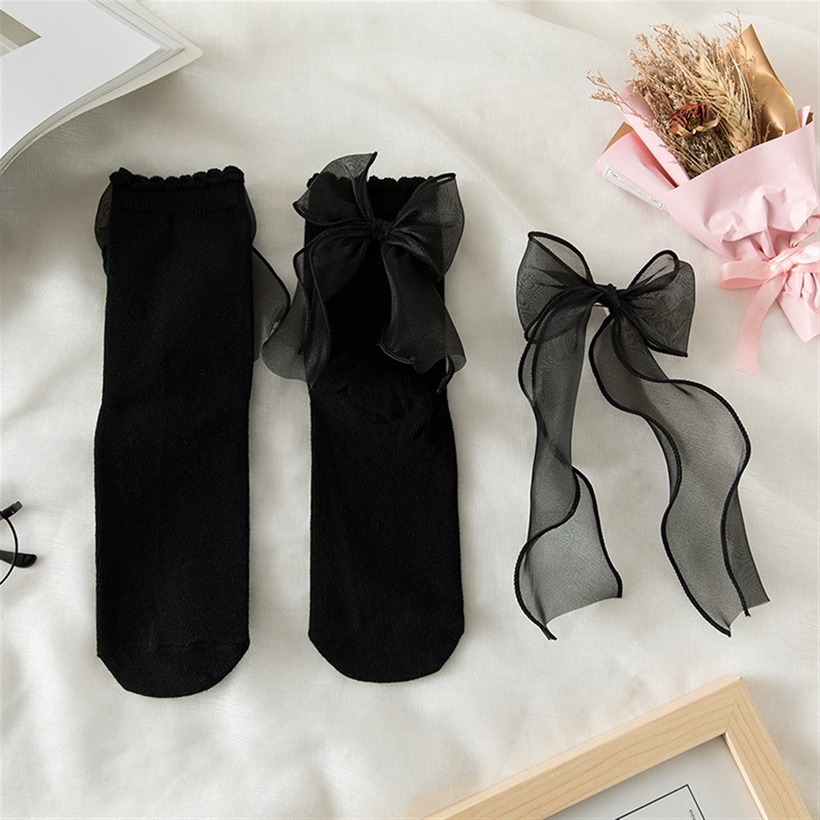 Lolita Socks for Women - Cute Lace Mid-Calf Socks with Bow Detail | JK Uniform & Cosplay Accessories | Black One Size | Perfect for Anime Conventions, School Uniforms & Kawaii Fashion