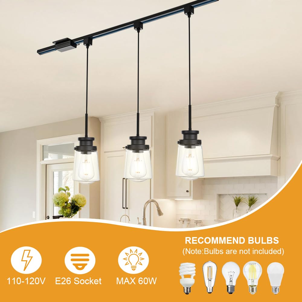 VINLUZ 3 Pack Black H-Type Track Pendant Lighting Fixtures - 40 Inch Track Lighting Rail with H Track Floating Canopy Connector - Clear Glass Shade Ceiling Lights for Living Room, Kitchen, Dining Room, and Bedroom