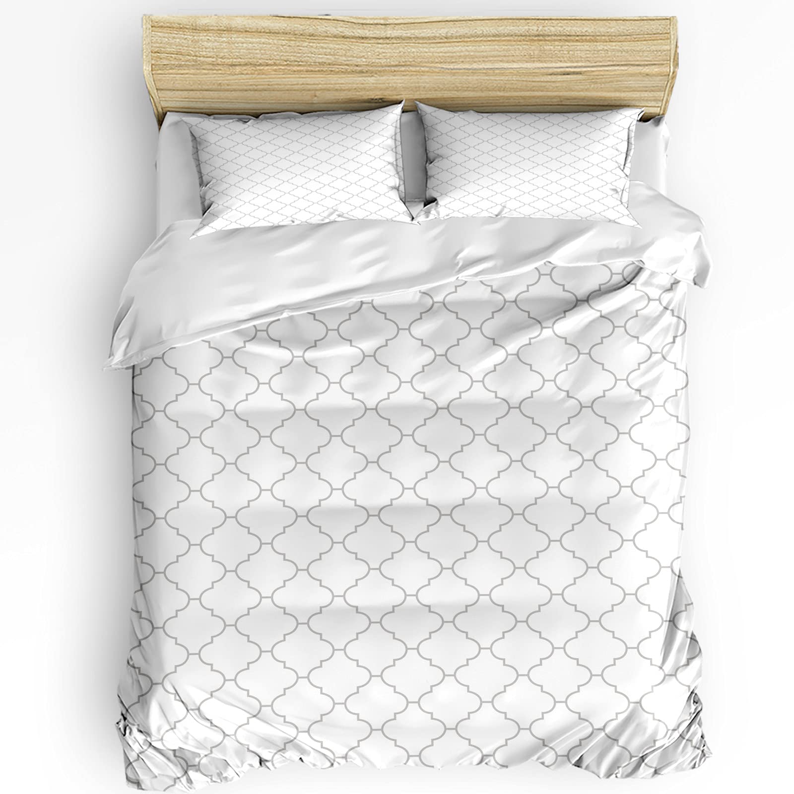 Moroccan Quatrefoil Geometric Duvet Cover Set - 3 Piece Bedding Set with Zipper Closure, White Comforter Cover + 2 Pillowcases (Full/Queen Size) | Modern Bedroom Decor for Guest Rooms & Master Suites