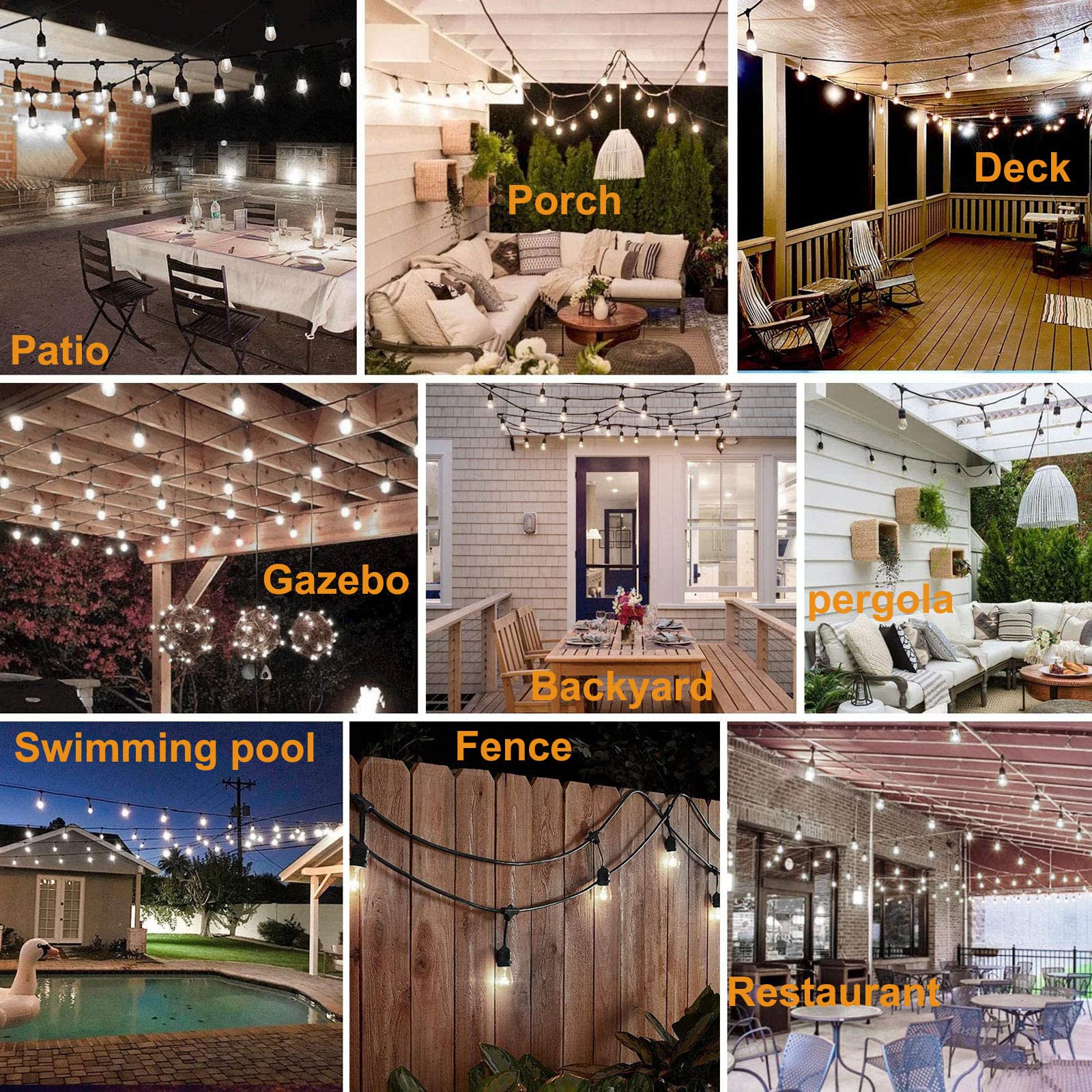 48FT Outdoor LED String Lights - Heavy-Duty Waterproof Patio Lights with 16 Shatterproof Plastic Bulbs (2200K Warm White) for Backyard, Garden, Gazebo, Pergola, Cafe, Bistro - Perfect for Outdoor Dining, Wedding Decor & Commercial Lighting