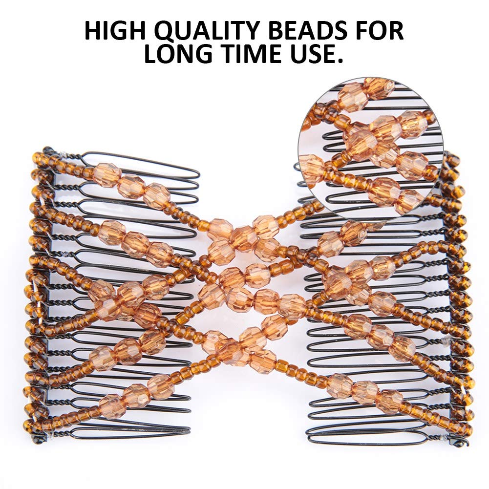 Stretchy Pearl Hair Combs for Women - Double Hair Clips for Thick/Thin Hair - Coffee (Wedding, Party, Daily Use)