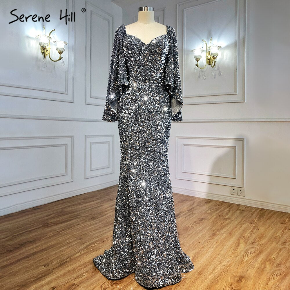 Elegant Grey Silver Luxury Evening Gowns for Women 2025 - Sexy Flared Sleeves Formal Dress for Parties, Galas & Special Occasions - Serene Hill Collection LA71178