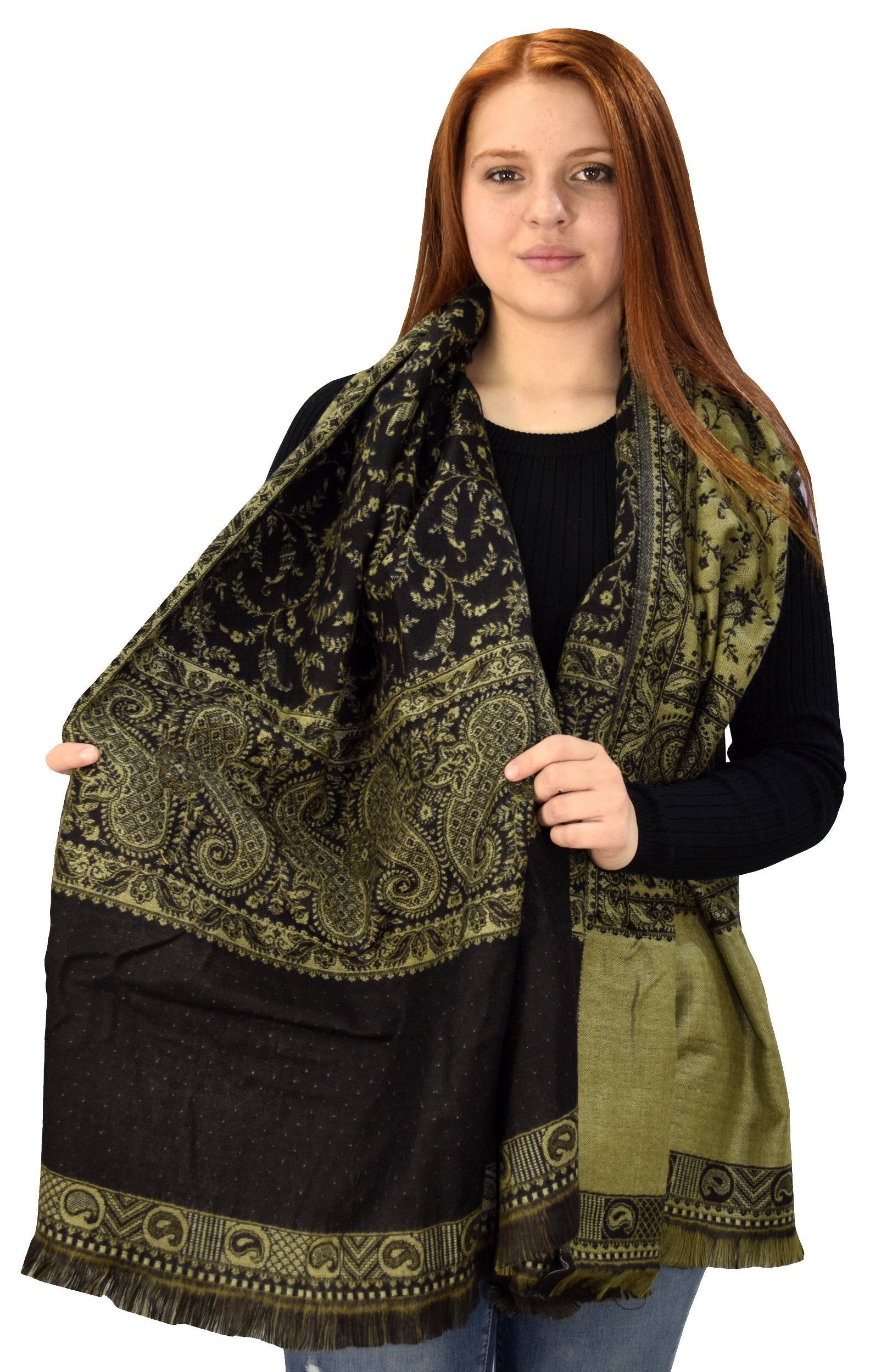 4-Ply Reversible Paisley Pashmina Scarf - Black & Olive - Warm Winter Fashion Accessory for Women, Perfect for Travel, Office and Gift Giving