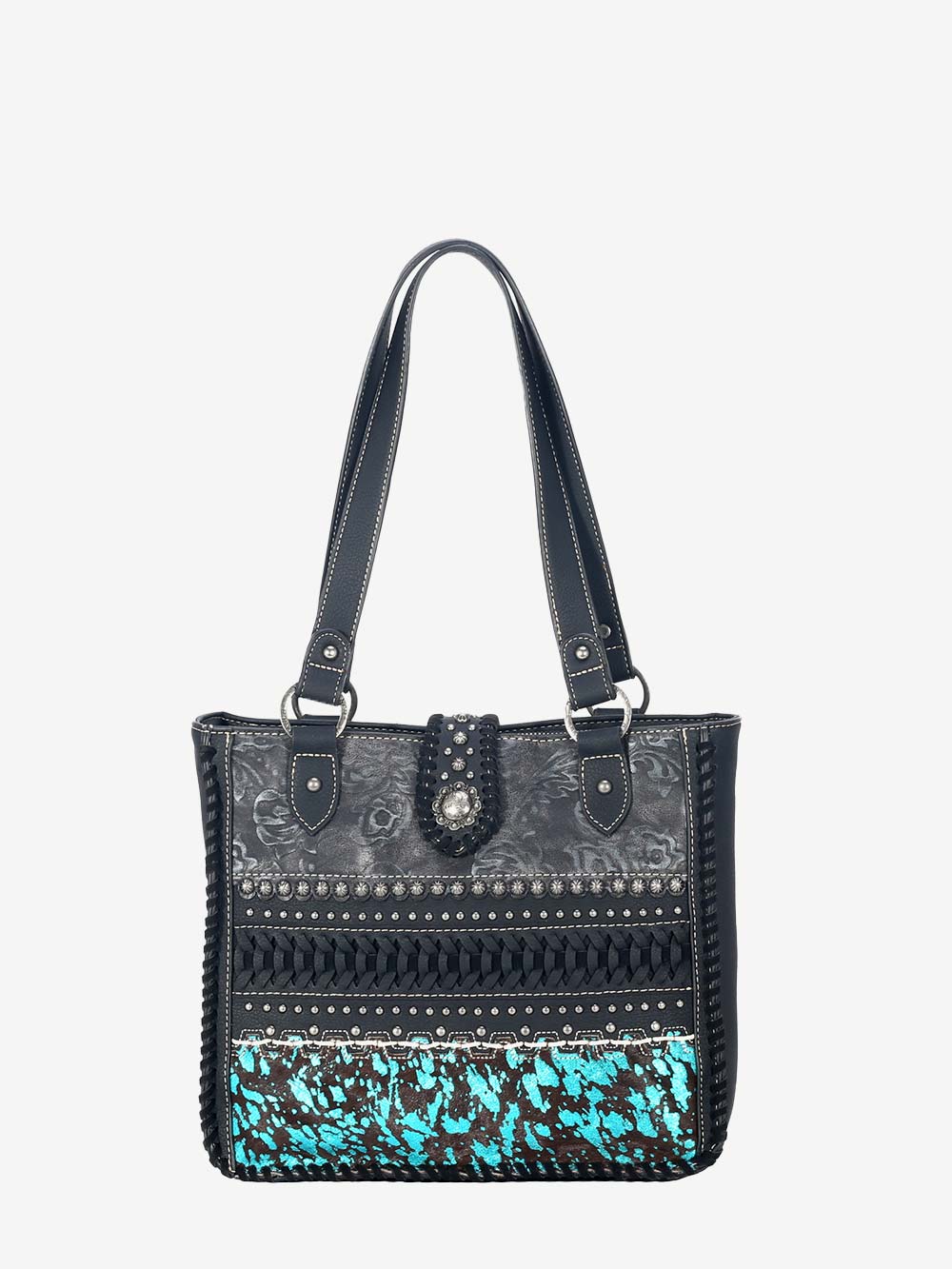 Trinity Ranch Hair On Cowhide Embossed Floral Concho Tote Bag - Western Style Leather Purse for Women | Perfect for Rodeo, Country Concerts & Boho Fashion