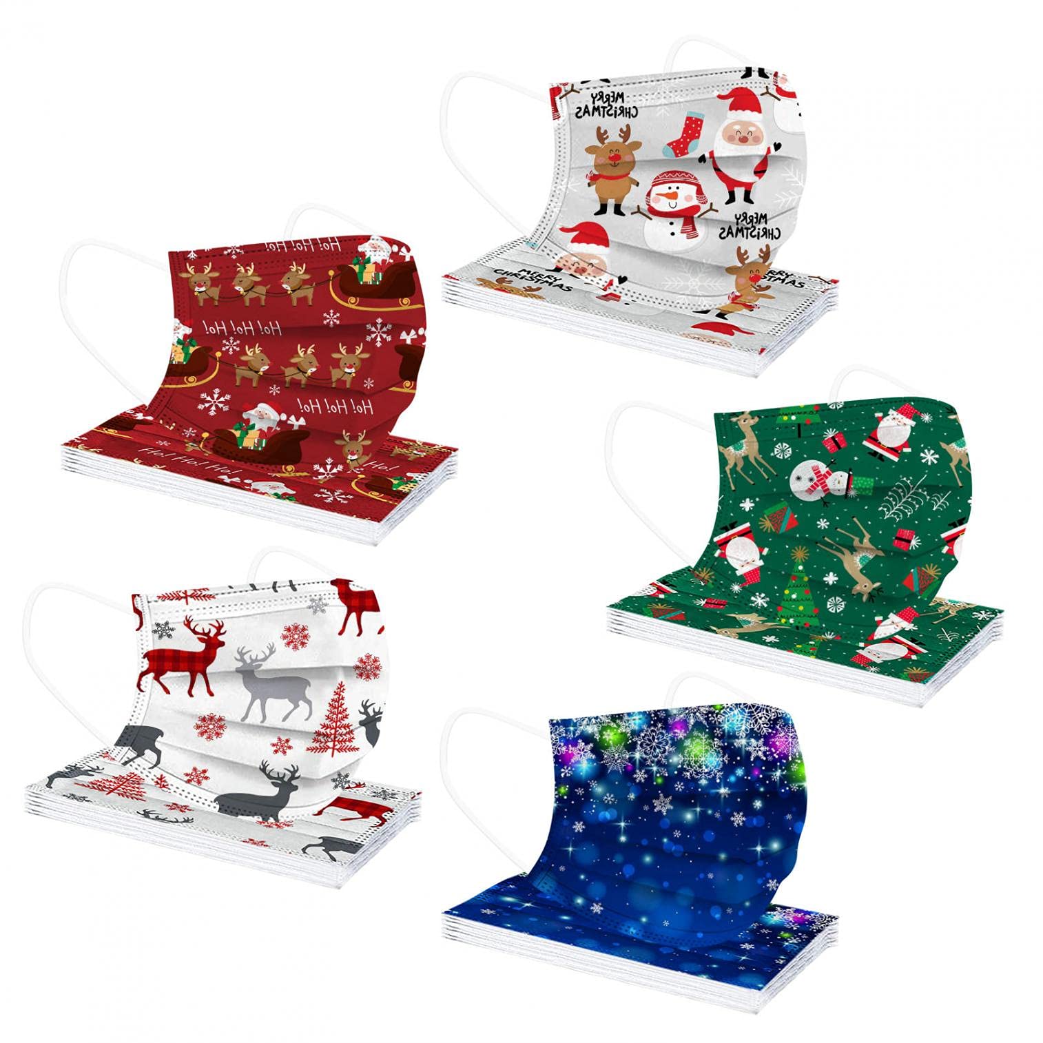 Christmas Face Masks for Women - Holiday Themed 50 Pack - Party & Travel Protection