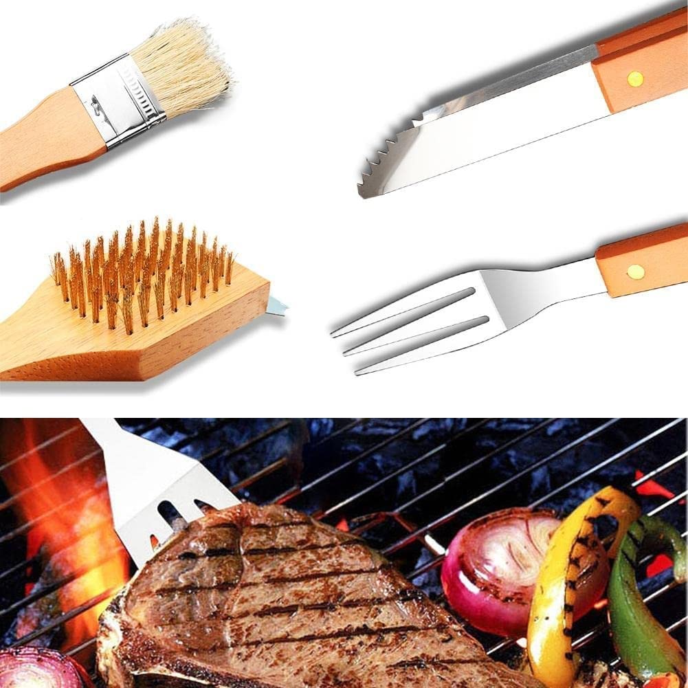 18-Piece Stainless Steel BBQ Grill Tool Set with Wooden Handle - Perfect Grilling Accessories for Men, Dad & Women - Great Christmas & Birthday Gift for Outdoor Cooking, Backyard BBQs & Camping Parties