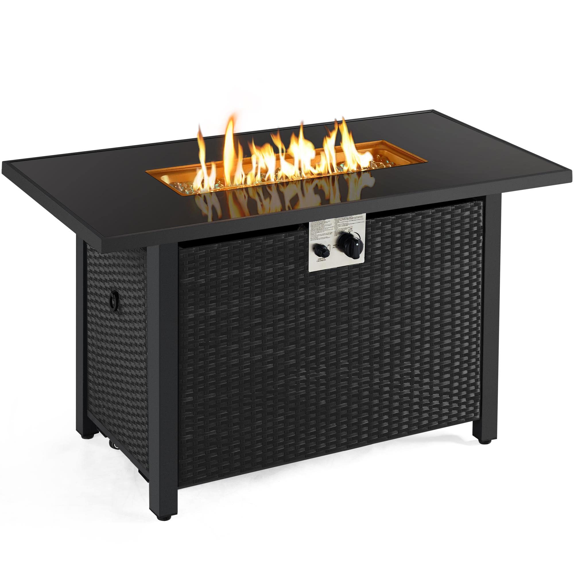 Topeakmart 43 Inch Outdoor Propane Fire Pit Table - 50,000 BTU Gas Fire Pit with Tempered Glass Top & Rattan Wicker Base - Includes Fire Glass Stones - Perfect for Patio, Garden, Backyard, Deck & Outdoor Parties - 2-in-1 Heating & Entertainment Solution