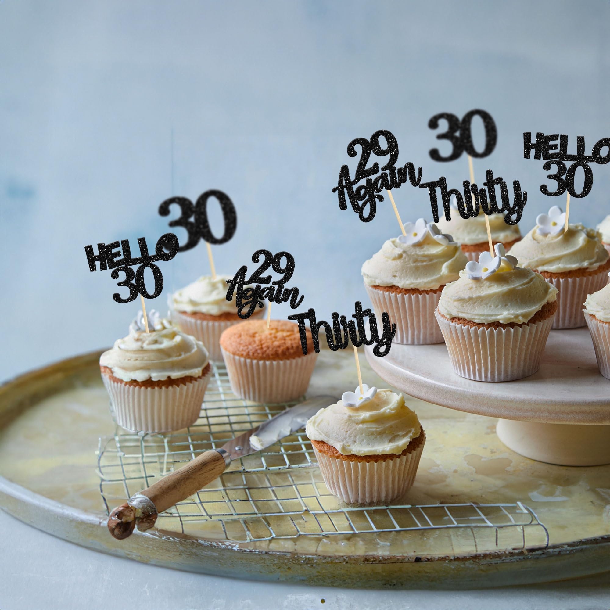 24Pcs Black Glitter 30th Birthday Cupcake Toppers - Hello 30 Cake Decorations - Again 29 Thirty Cupcake Picks for 30th Birthday Party Supplies - Perfect for Milestone Celebrations, Anniversary Cakes & Dessert Table Decor