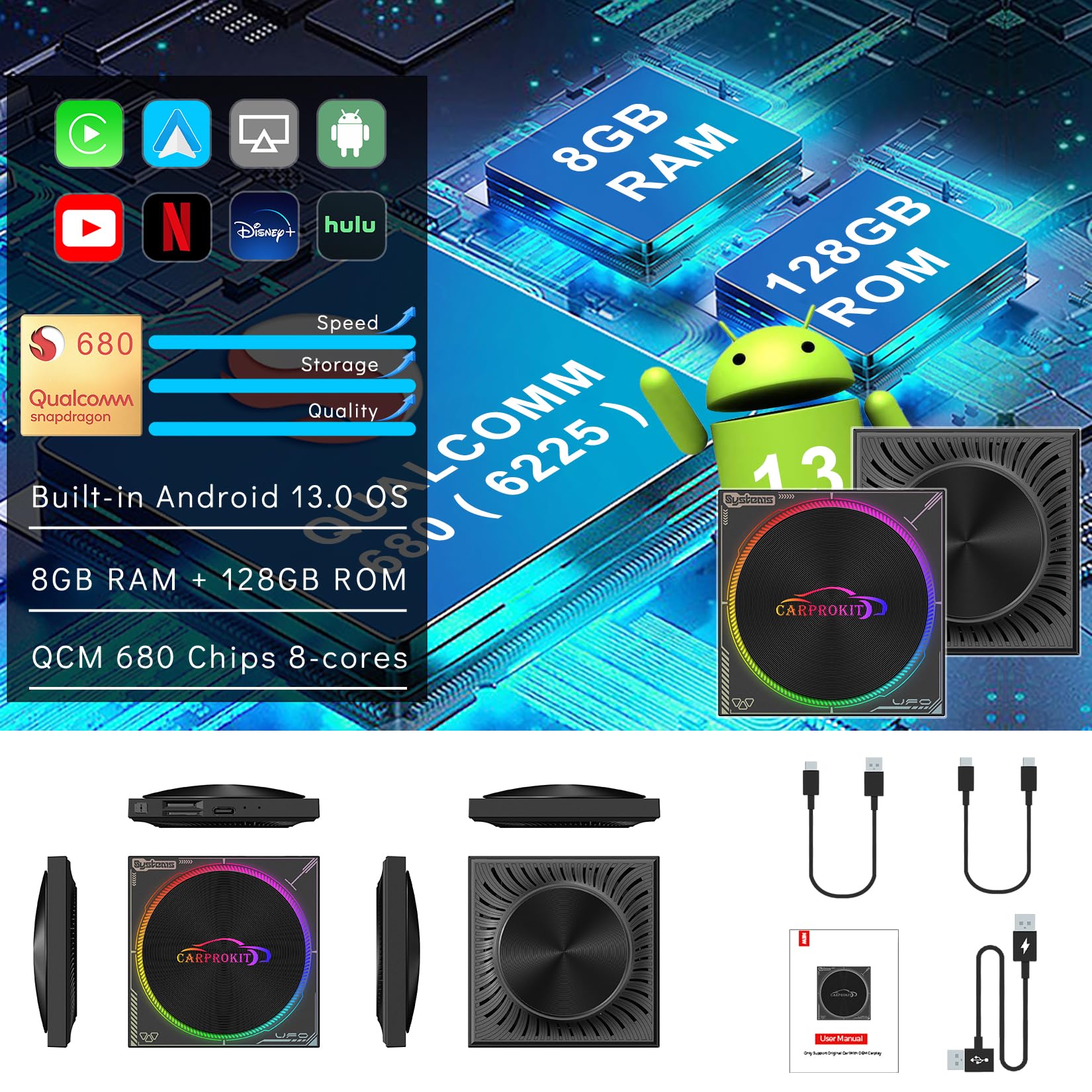 5.0 Wireless CarPlay Android Auto Adapter - Android 13.0 Video AI Box 8GB RAM 128GB Storage - Car Screen Mirroring Device with Built-in YouTube Netflix - Compatible with 2017-2024 Factory Wired CarPlay Vehicles - Perfect for Streaming, Navigation & Hands-Free Driving