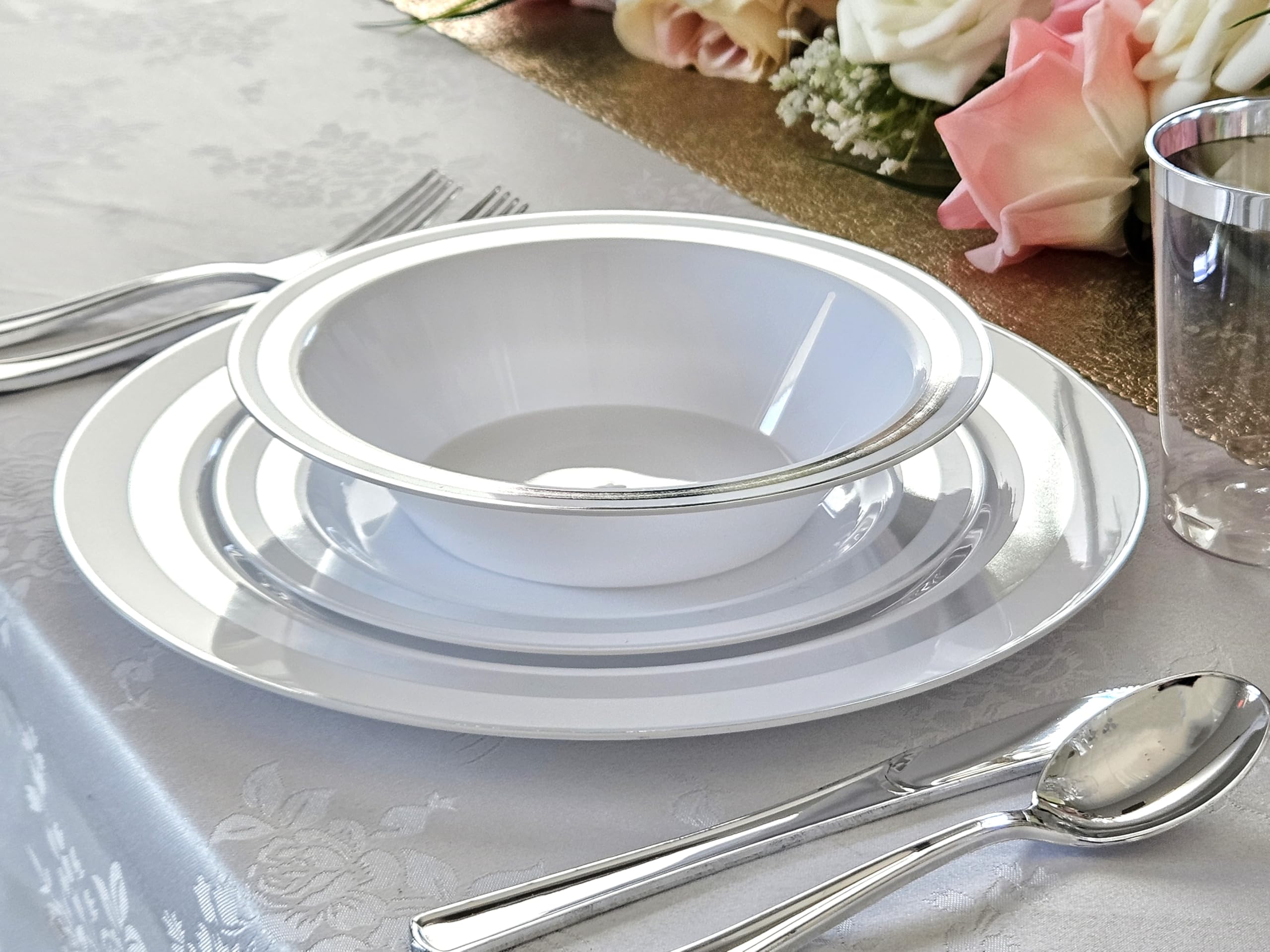60-Piece Heavyweight Disposable Plastic Plates & Bowls Set - 14oz Soup Bowls for Weddings, Parties & Events (Elegant Soleil White & Silver) - Perfect for Catering, BBQ, Picnics & Family Gatherings