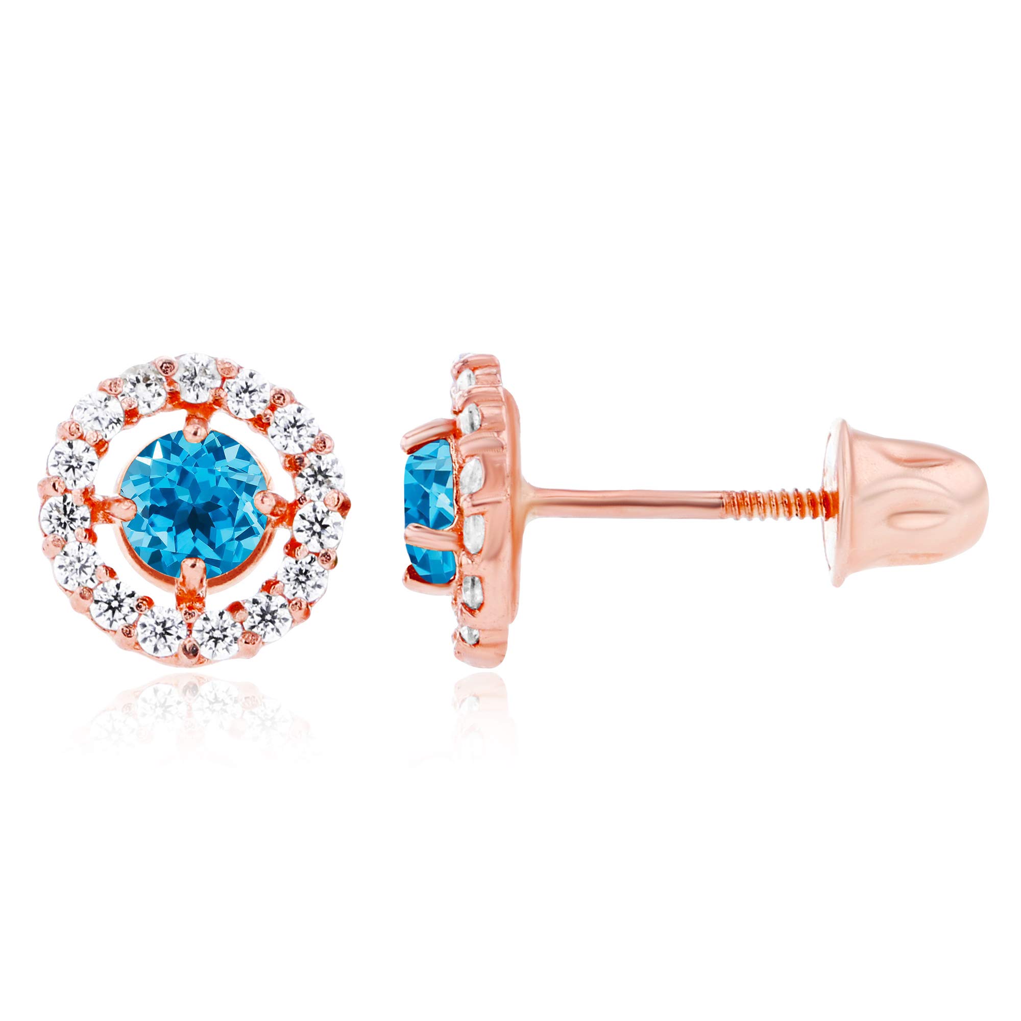 14K Solid Gold 6mm Halo Natural Birthstone Screwback Stud Earrings for Women | 3mm Round Birthstone | 1mm Created White Sapphire Halo Earrings | Perfect for Birthdays, Anniversaries & Everyday Elegant Wear